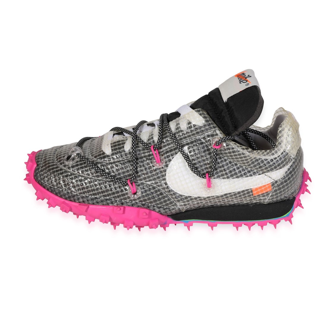 Nike Off-White Wmns Waffle Racer Fuchsia Sneakers 5 US: Nike Off-White Wmns Waffle Racer Fuchsia Sneakers 5 US Step into style with the Nike Off-White x Wmns Waffle Racer 'Fuchsia', a striking sneaker designed for women. This model features a vibrant color