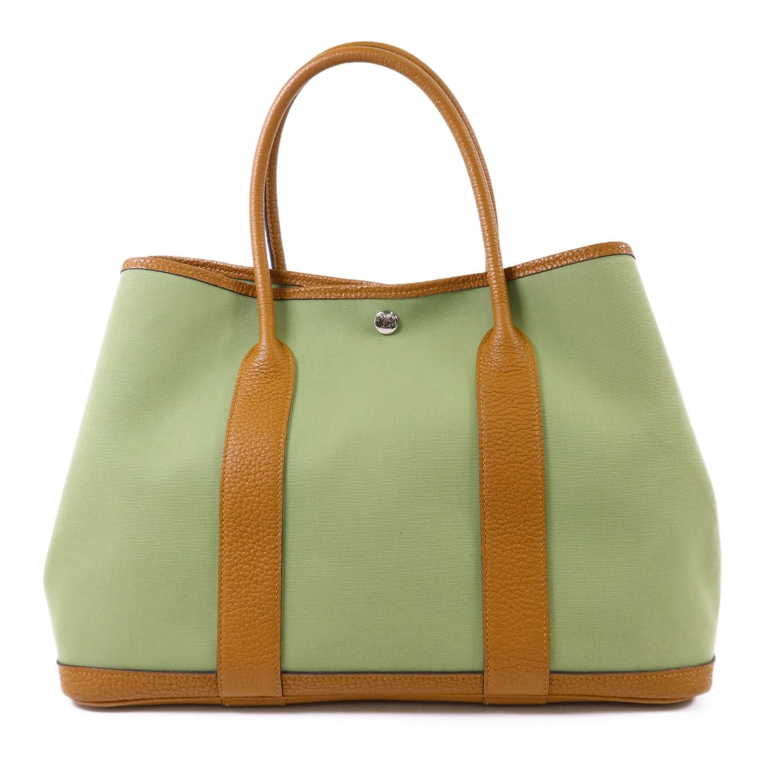 HERMES Garden Party PM Tote Vert Criquet Negonda Leather Canvas Palladium: HERMES Garden Party PM Tote Vert Criquet Negonda Leather Canvas Palladium This Hermes Garden Party PM handbag features Negonda leather and canvas in a Vert Criquet Ocre color combination. The bag is d