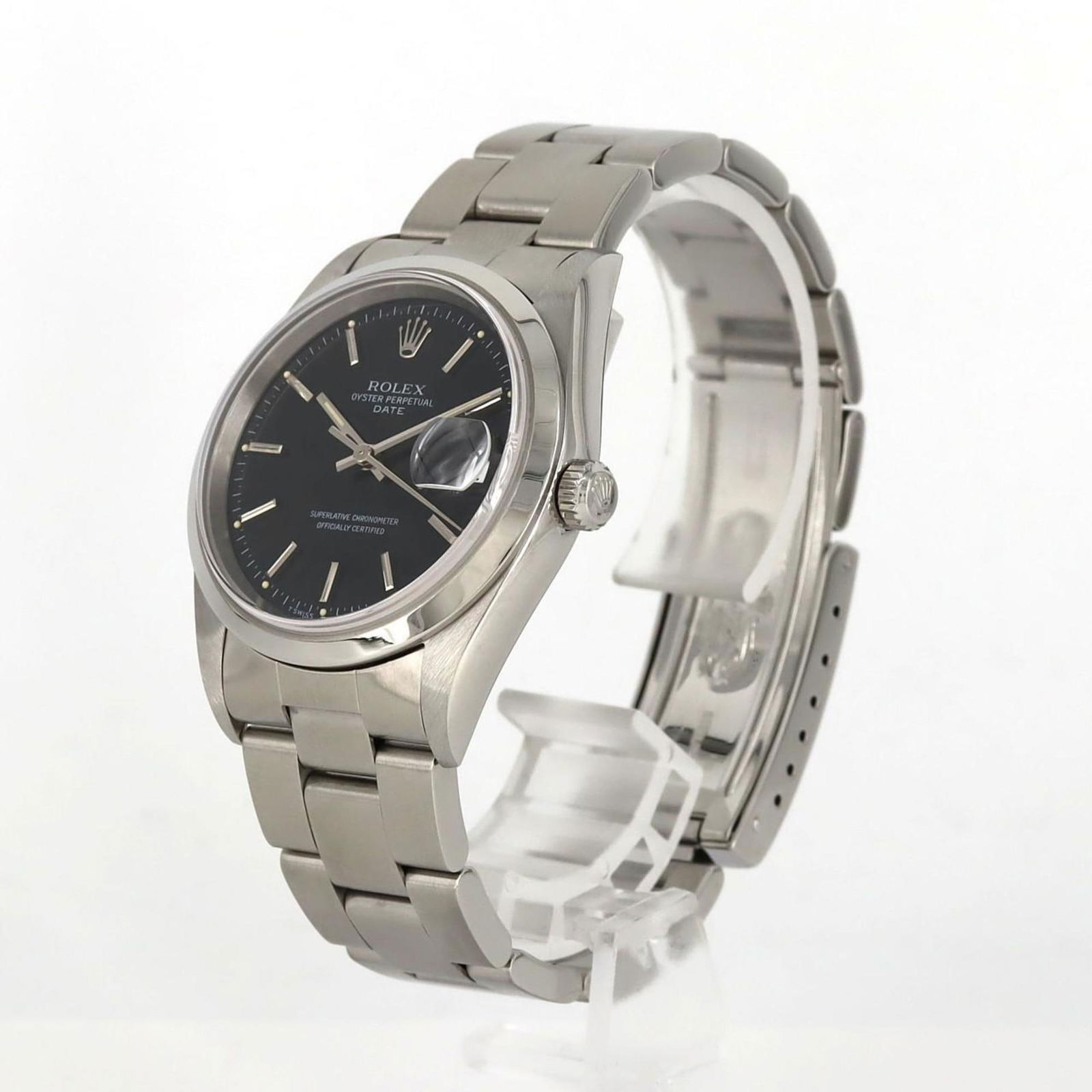Steel Black Dial Rolex Oyster Perpetual Date Swiss Men's Watch 34mm: Steel Black Dial Rolex Oyster Perpetual Date Swiss Men's Watch 34mm This Rolex Oyster Perpetual Date is a men's watch featuring a black dial and a steel case and bracelet. Made in Switzerland, it has