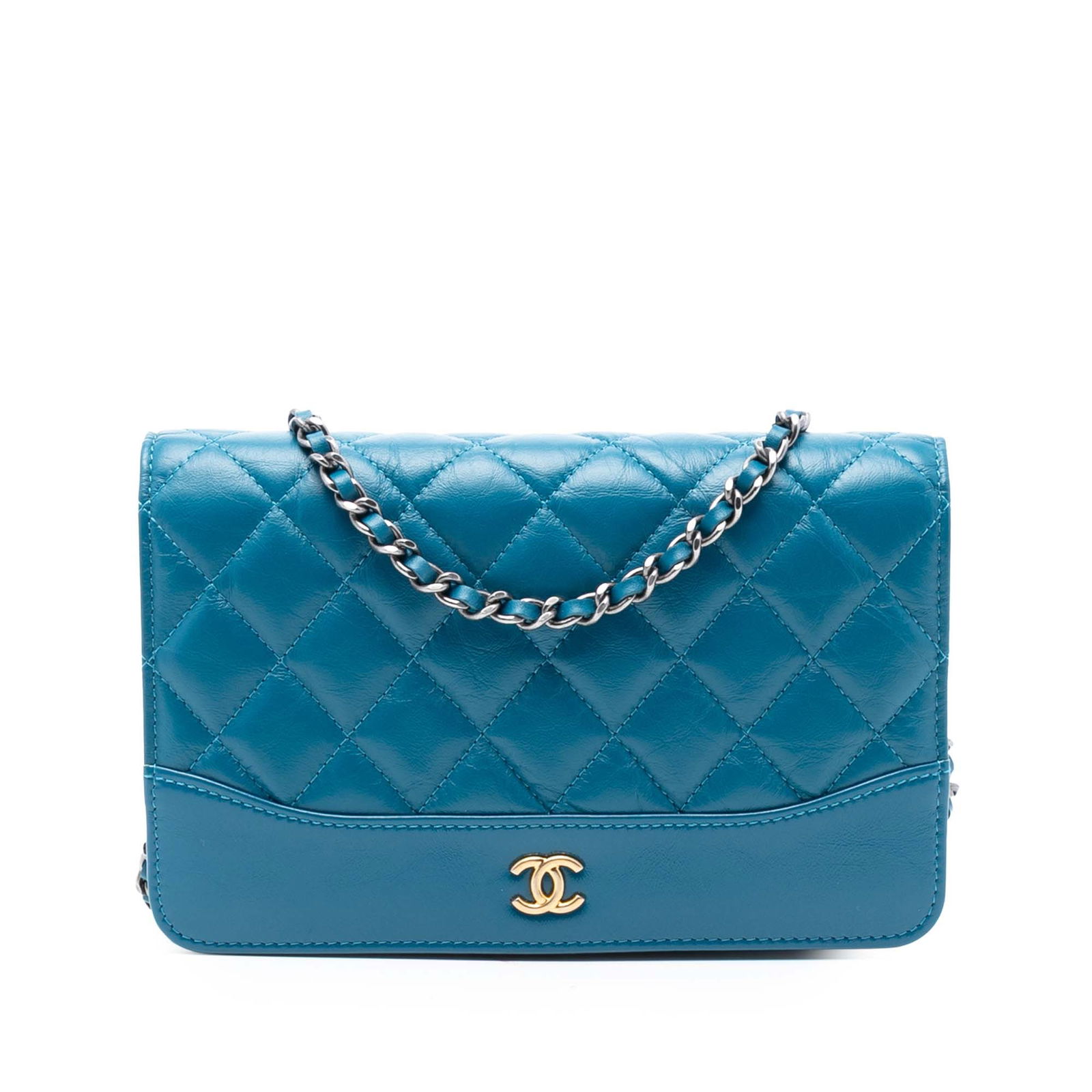 Chanel Gabrielle Blue Quilted Aged Calfskin Wallet On Chain Bag: Chanel Gabrielle Blue Quilted Aged Calfskin Wallet On Chain Bag The Chanel Quilted Aged Calfskin Gabrielle Wallet On Chain features a blue quilted calf leather exterior, a leather-woven chain link str
