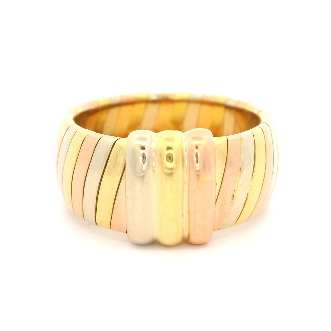 Cartier 18k Tri Color Gold 9.7mm Band Ring with Box: Cartier 18k Tri Color Gold 9.7mm Band Ring with Box This exquisite Cartier band ring showcases a stunning tri-color design crafted from 18k yellow, rose, and white gold. With a width of 9.7mm at the t