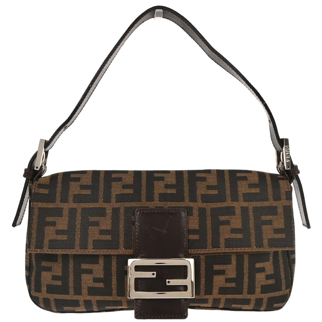 Fendi Zucca Canvas Baguette Shoulder Bag Brown with Silver Hardware: Fendi Zucca Canvas Baguette Shoulder Bag Brown with Silver Hardware This Fendi Brown Zucca Baguette handbag features the iconic logo canvas exterior in a medium size, designed for casual occasions. Th