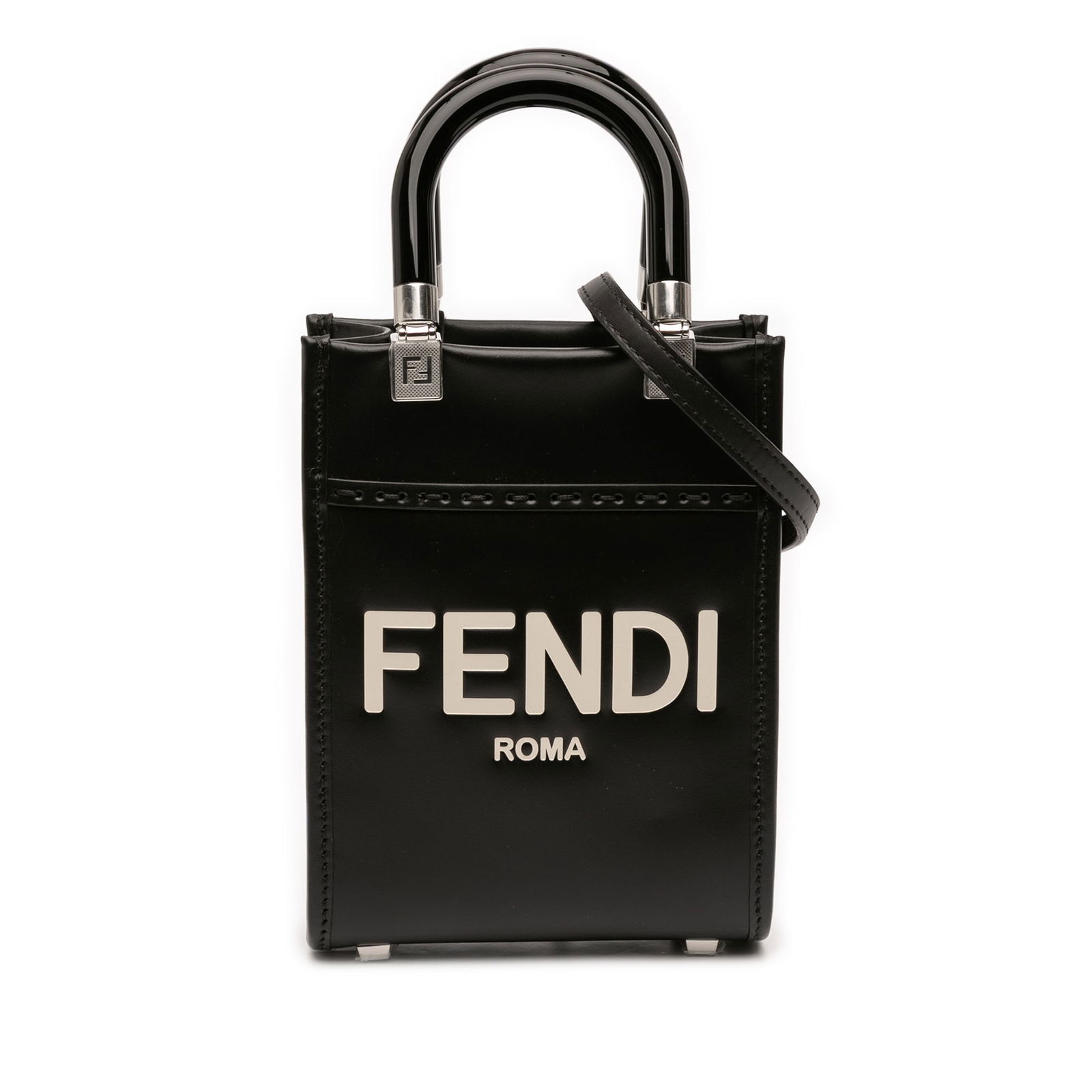 Fendi Mini Sunshine Shopper Black Leather Tote with Acrylic Handles: Fendi Mini Sunshine Shopper Black Leather Tote with Acrylic Handles This Fendi Mini Leather Sunshine Shopper Tote features a leather body with rolled acrylic top handles and a detachable flat leather