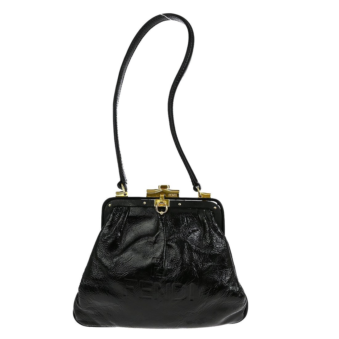 Fendi Baguette Medium Black Leather Top Handle Handbag with Buckle Closure: Fendi Baguette Medium Black Leather Top Handle Handbag with Buckle Closure This Fendi Baguette handbag is crafted from black leather and features a medium-sized silhouette with a top handle. The bag i