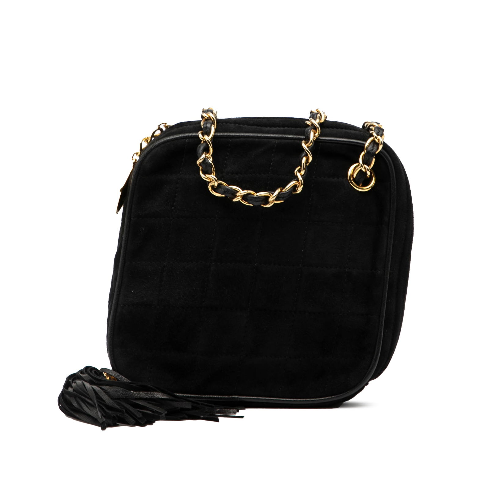 Black Quilted Suede Chanel CC Crossbody Bag with Tassel Detail: Black Quilted Suede Chanel CC Crossbody Bag with Tassel Detail This Chanel CC Quilted Suede Diamon Tassel Bag is crafted from quilted suede leather and features a crossbody design. It is accented with