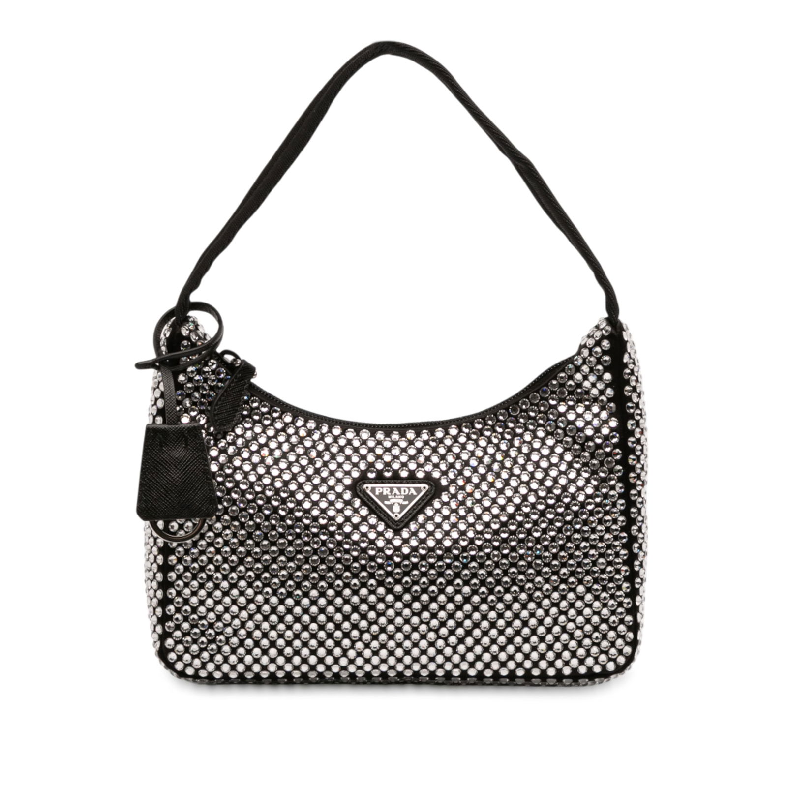Crystal Satin Mini Shoulder Bag Prada Re Edition 2000 Black: Crystal Satin Mini Shoulder Bag Prada Re Edition 2000 Black This Prada Mini Satin Crystal Re Edition 2000 Shoulder Bag features a crystal-embellished satin exterior, a flat nylon strap, and a top zip