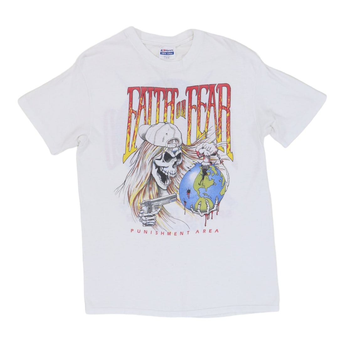 Faith Or Fear 1989 Tour Vintage Cotton T-Shirt White Large: Faith Or Fear 1989 Tour Vintage Cotton T-Shirt White Large This is an original vintage 1989 Faith Or Fear Punish The World Tour shirt featuring front and back graphics. Made from 100% cotton, the shir