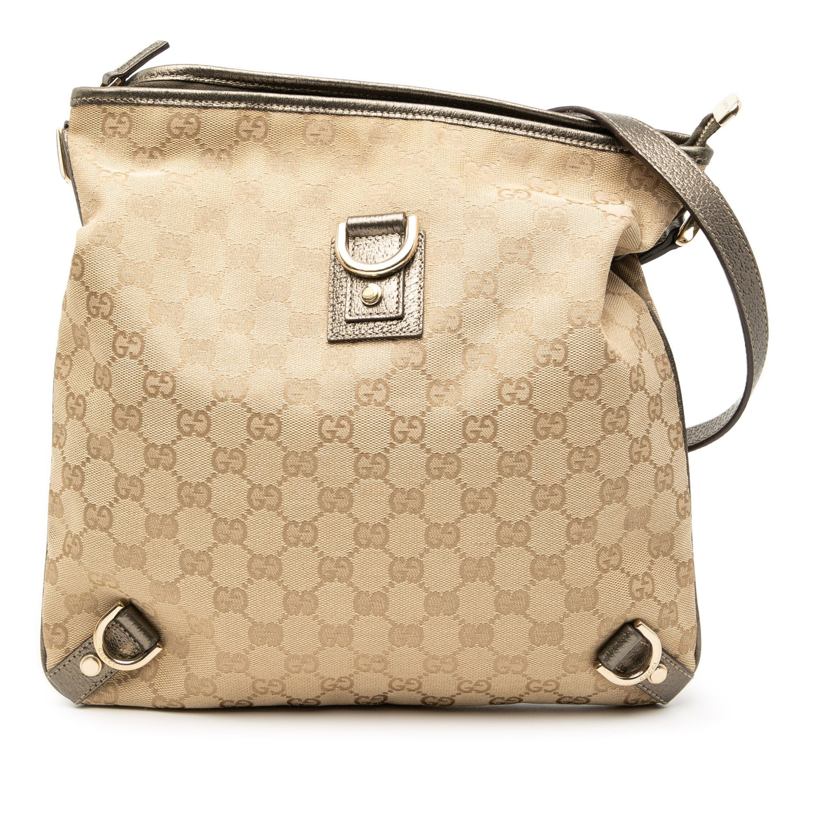 Brown Gucci Abbey GG Canvas D Ring Crossbody Bag with Leather Trim: Brown Gucci Abbey GG Canvas D Ring Crossbody Bag with Leather Trim This Gucci GG Canvas Abbey D Ring Crossbody bag features a brown canvas body with leather trim, a flat leather strap, and a top zip c