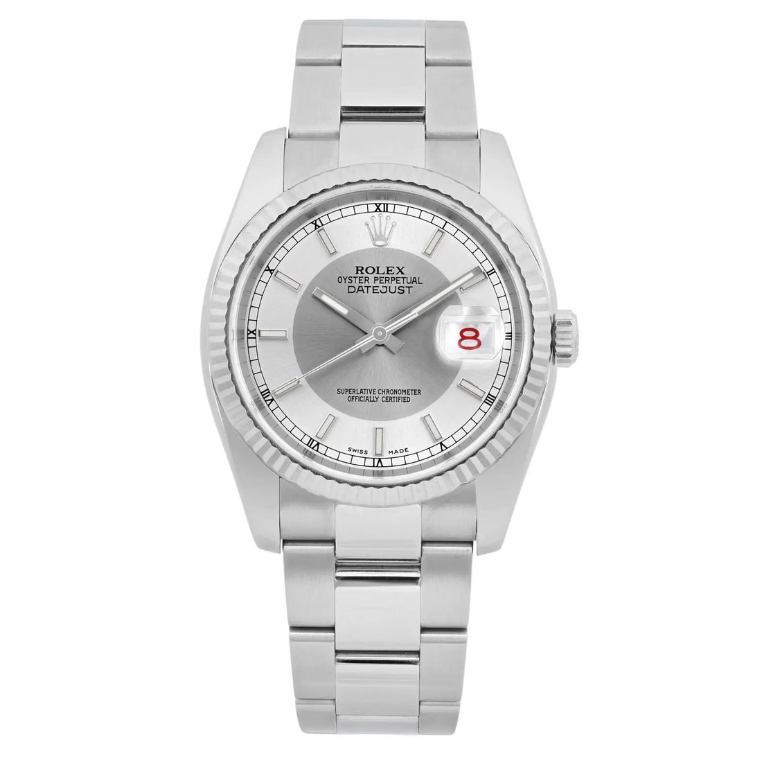 Rolex Datejust 36mm Automatic Watch Silver Dial Stainless Steel 116234: Rolex Datejust 36mm Automatic Watch Silver Dial Stainless Steel 116234 This Rolex Datejust wristwatch combines luxury and functionality with its elegant 36mm stainless steel case and a striking silver