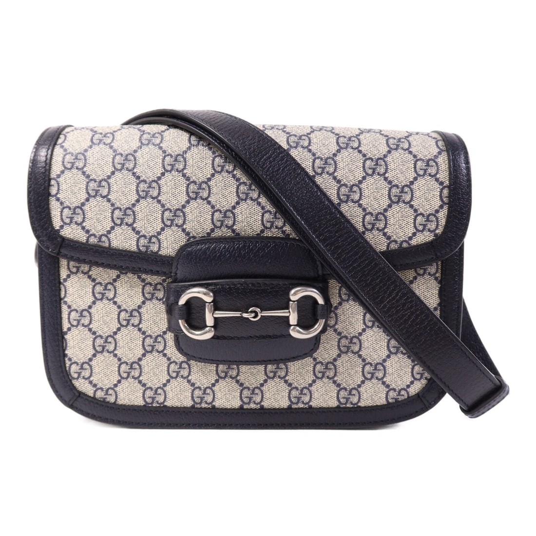 Gucci Horsebit 1955 Medium Shoulder Bag Navy Beige Coated Canvas Silver Hardware: Gucci Horsebit 1955 Medium Shoulder Bag Navy Beige Coated Canvas Silver Hardware This Gucci GG Horsebit 1955 MM shoulder bag features a navy and beige PVC coated canvas exterior with silver tone hardw