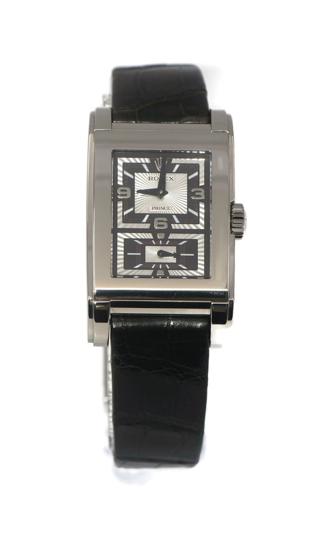 Rolex Cellini Prince 18K White Gold Watch Ref 5443/9 with Box and Papers: Rolex Cellini Prince 18K White Gold Watch Ref 5443/9 with Box and Papers Experience the elegance of the Rolex Cellini Prince, a stunning wristwatch crafted in 18K white gold. This timepiece features a