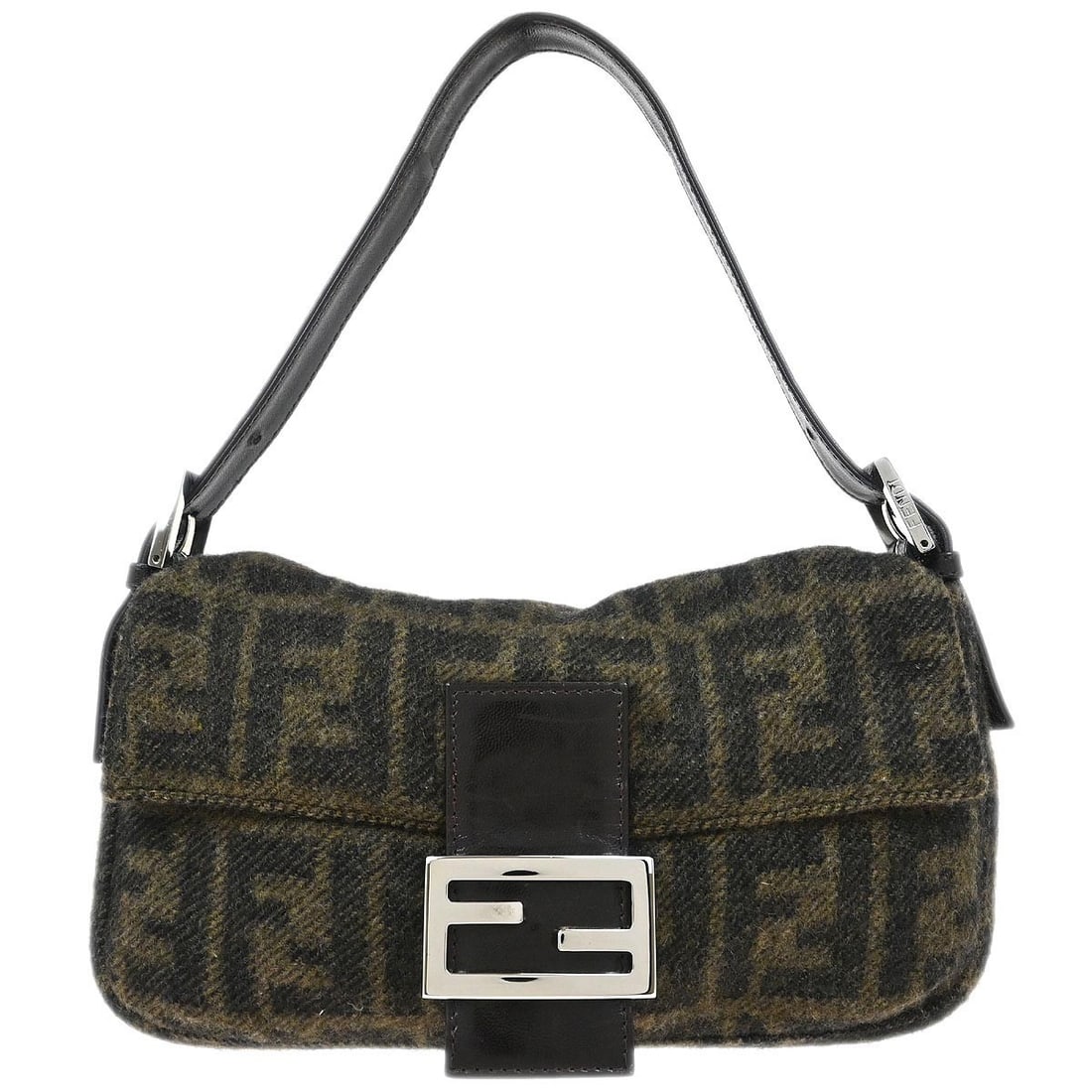 Fendi Zucca Pattern Wool Baguette Handbag with Brown Top Handle (1 of 10)