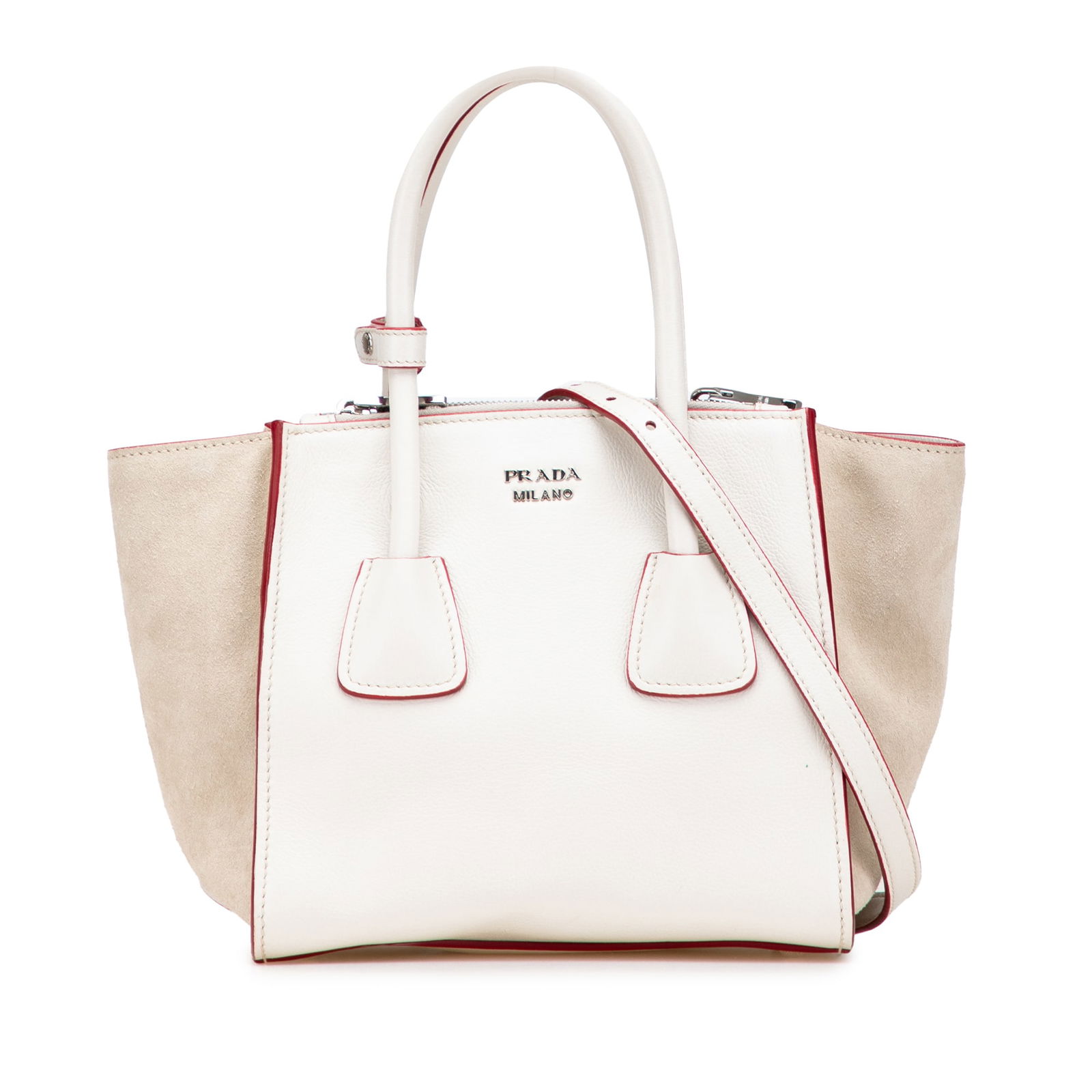 Prada Mini Scamosciato Calf Leather Twin Pocket Satchel White: Prada Mini Scamosciato Calf Leather Twin Pocket Satchel White Introducing the Prada Mini Scamosciato Trimmed Glace Calf Twin Pocket Satchel, a stylish and functional accessory. This satchel features a