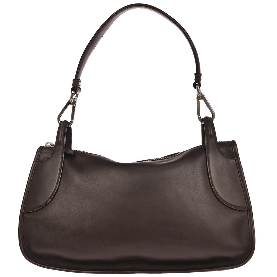 Medium Brown Leather Top Handle Bag by Prada: Medium Brown Leather Top Handle Bag by Prada This Prada brown leather top handle bag offers a blend of sophistication and casual style. Crafted in Italy, it features leather handles and exterior with