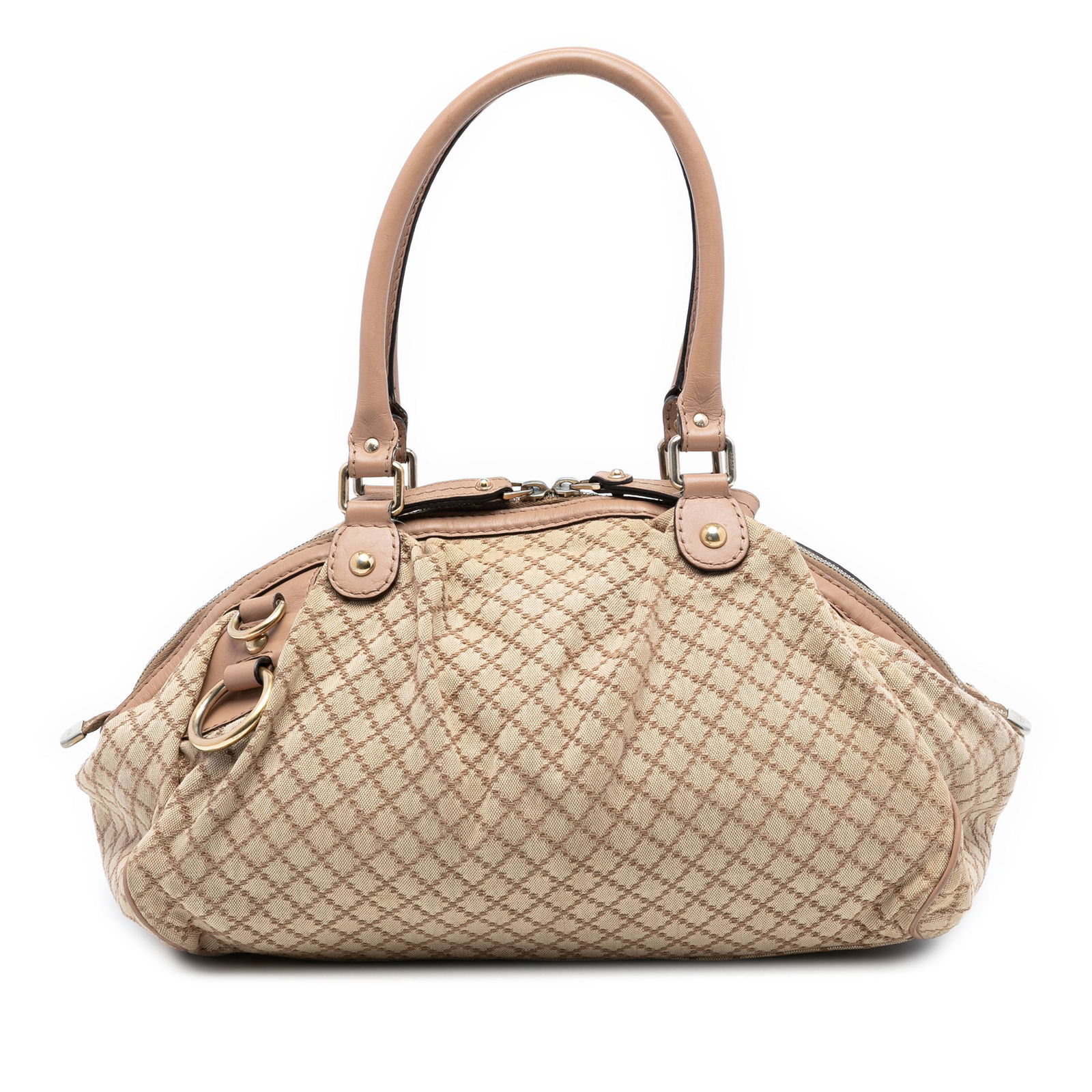 Gucci Sukey Brown Diamante Canvas Satchel with Leather Trim: Gucci Sukey Brown Diamante Canvas Satchel with Leather Trim This Gucci Diamante Canvas Sukey Satchel features a canvas exterior with leather trim, rolled leather handles, a top zip closure, and an int
