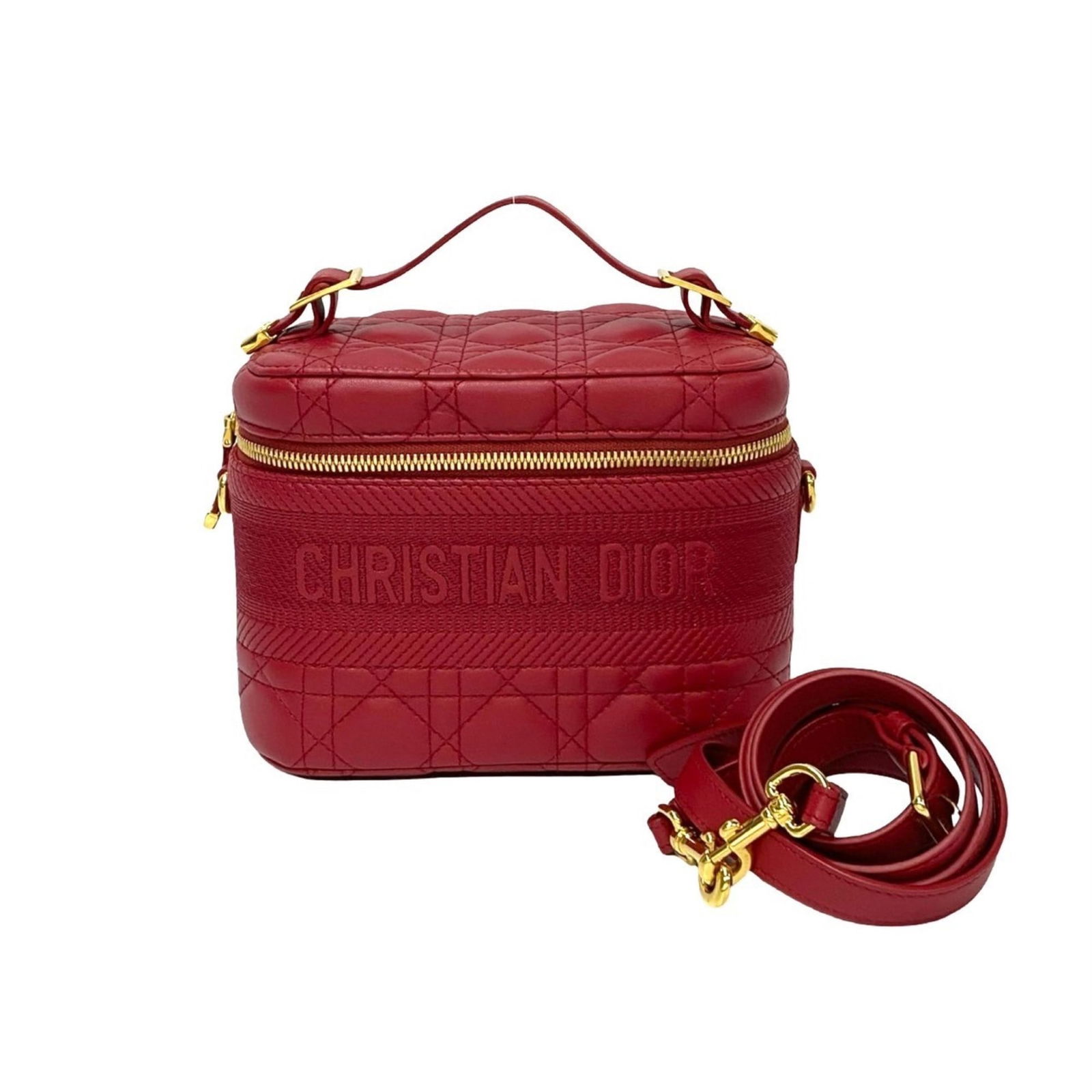 Red Leather Dior Vanity Case with Top Handle: Red Leather Dior Vanity Case with Top Handle This Dior Vanity bag features a sophisticated red leather exterior with a structured silhouette. Designed for women, it offers ample space for essentials a
