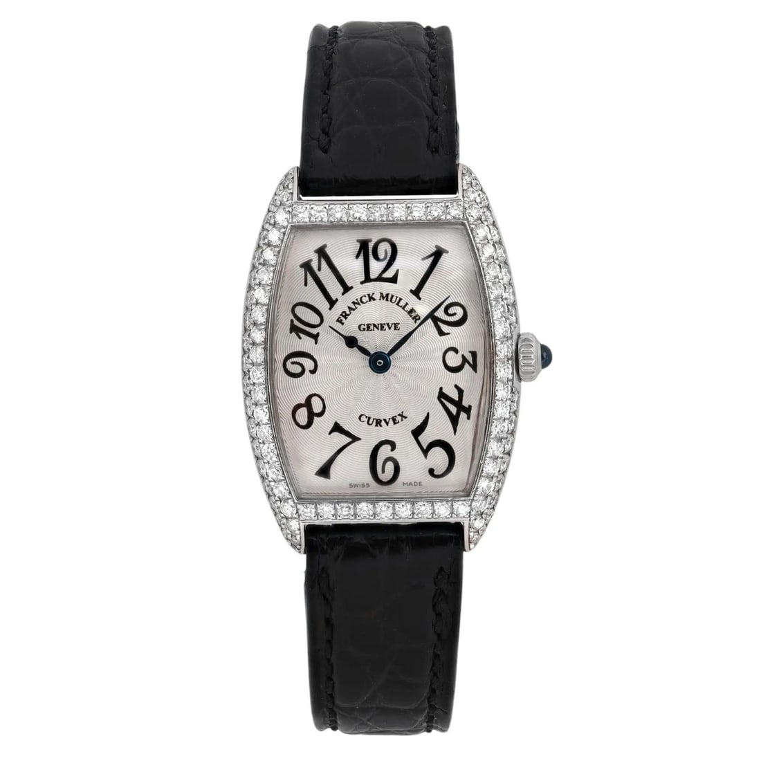 Franck Muller Curvex 18K White Gold Diamond Bezel Silver Dial Watch: Franck Muller Curvex 18K White Gold Diamond Bezel Silver Dial Watch This exquisite Franck Muller Curvex wristwatch is a luxurious timepiece that showcases a 25mm case made of 18K white gold, complemen
