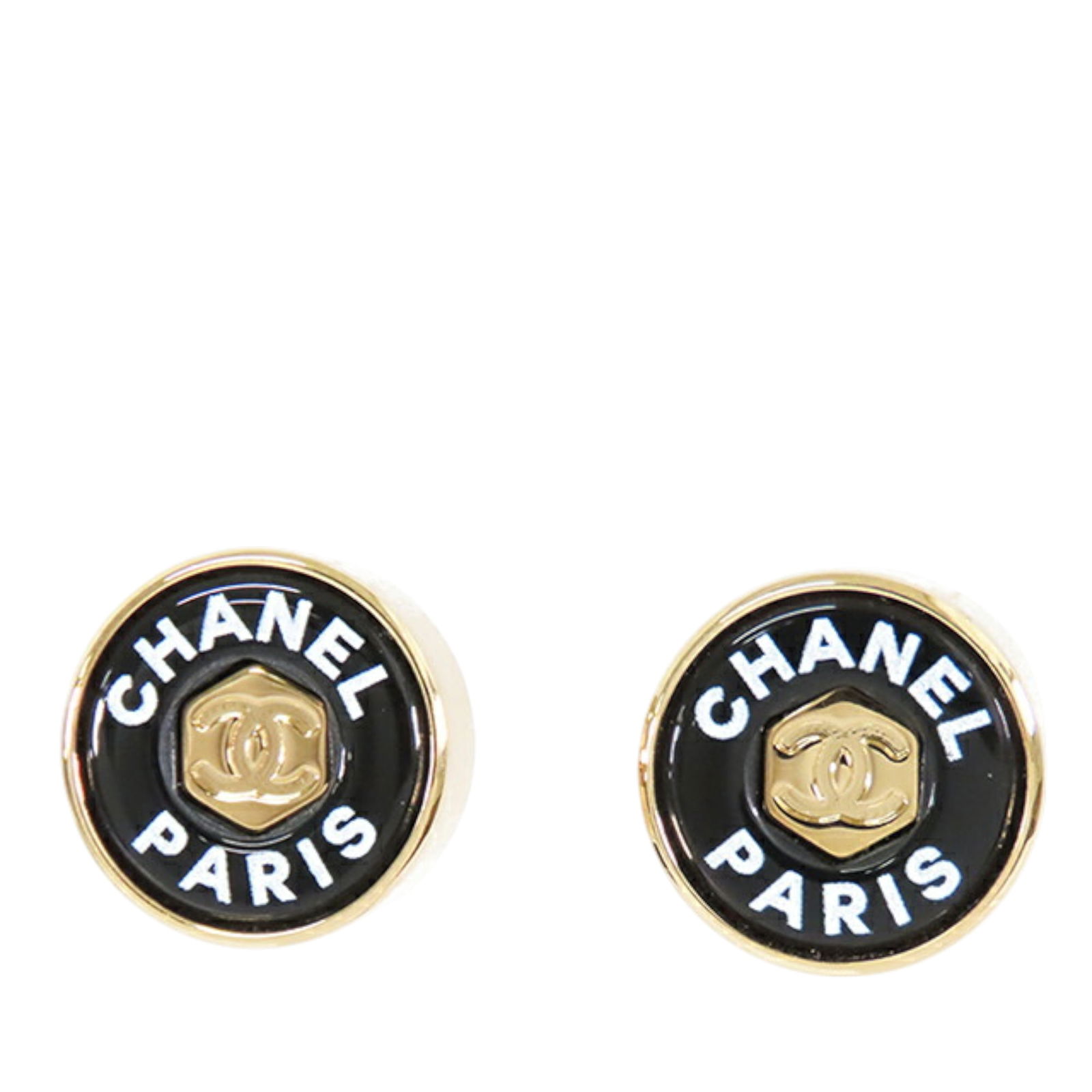 Chanel Gold Plated Enamel Logo Button Earrings Italy: Chanel Gold Plated Enamel Logo Button Earrings Italy Elevate your accessory game with these stunning Chanel Gold Plated Enamel Logo Button Bullet Back Earrings. Crafted from gold-tone metal and enamel