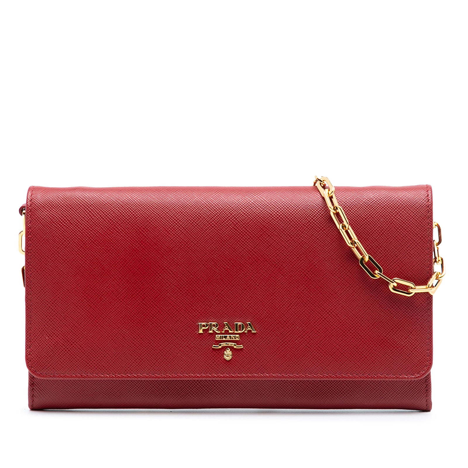 Red Prada Saffiano Leather Chain Wallet with Gold Tone Strap: Red Prada Saffiano Leather Chain Wallet with Gold Tone Strap This Prada Saffiano Leather Wallet on Chain features a red saffiano leather body, a gold-tone chain strap, and a front flap with snap butto