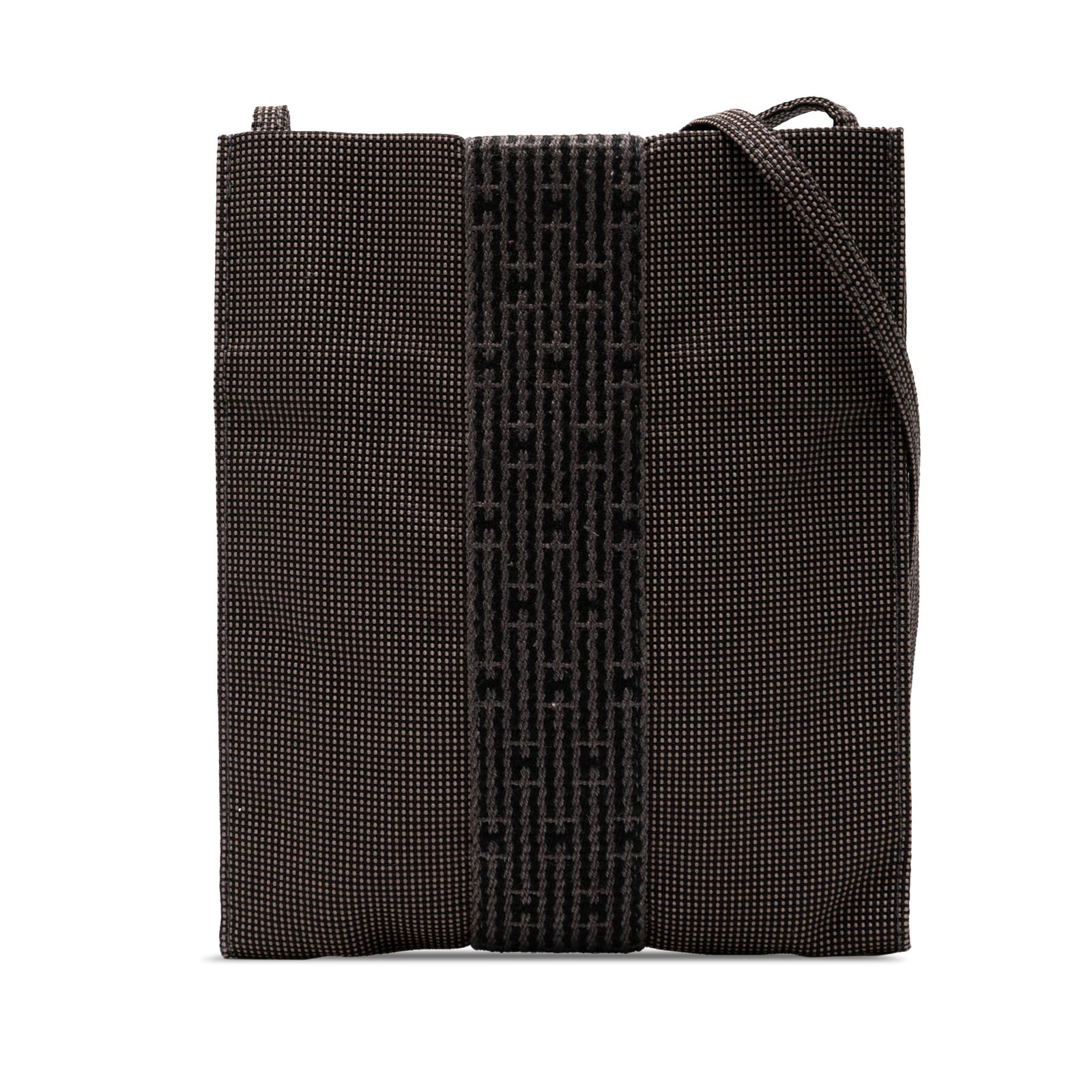 Hermes Gray Canvas Herline Pochette Crossbody Bag: Hermes Gray Canvas Herline Pochette Crossbody Bag Introducing the Hermes Canvas Herline Pochette, a chic crossbody bag crafted from durable polyester. This stylish accessory features a flat polyester