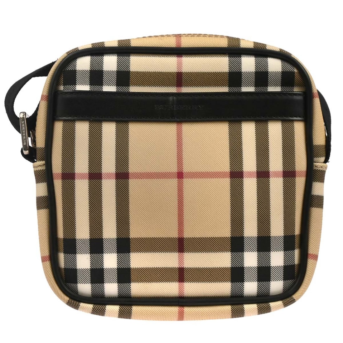 Mini Crossbody Bag in Beige Black Check by Burberry with Inner Pockets: Mini Crossbody Bag in Beige Black Check by Burberry with Inner Pockets This Burberry check shoulder bag features a classic beige and black pattern, crafted from a combination of leather and PVC. Desig