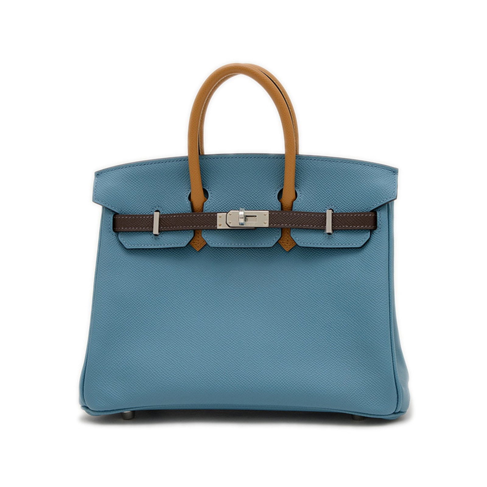 Blue Leather Birkin 25 Handbag by Hermes France 18cm x 25cm x 13cm: Blue Leather Birkin 25 Handbag by Hermes France 18cm x 25cm x 13cm This Hermes Birkin 25 handbag features a blue leather exterior with silver-tone metal fittings. Designed for women, it offers a class