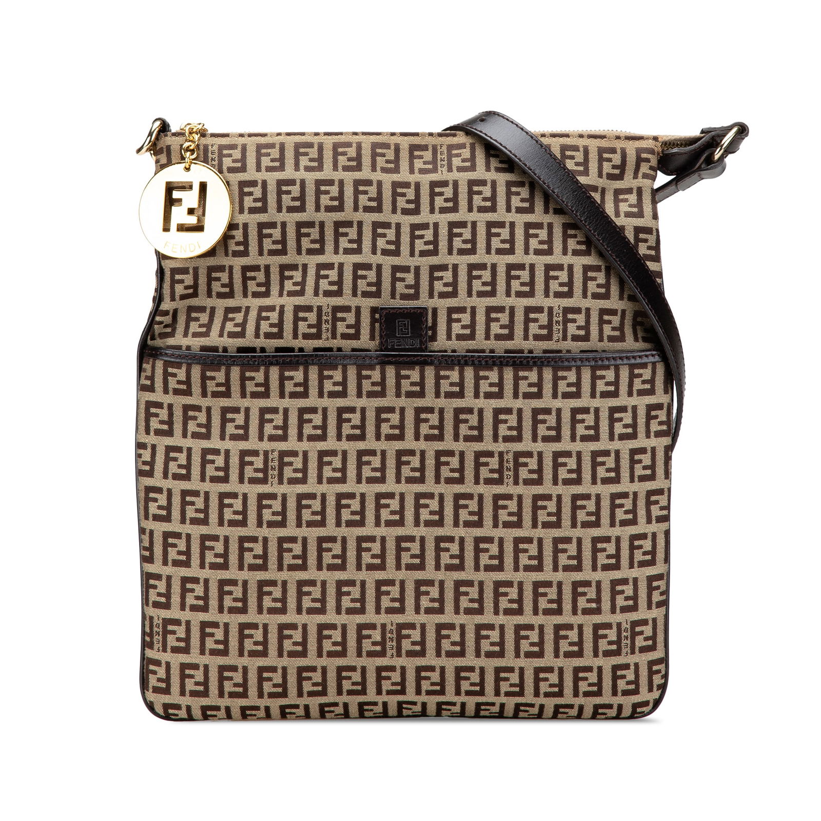 Fendi Zucchino Canvas Crossbody Bag Brown Leather Trim: Fendi Zucchino Canvas Crossbody Bag Brown Leather Trim Elevate your accessory collection with the Fendi Zucchino Canvas Crossbody. This stylish bag showcases a sturdy canvas body complemented by leath