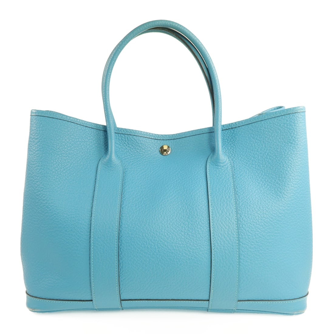 Hermes Garden Party PM Bleu Paon Negonda Calfskin Handbag with Palladium Hardware: Hermes Garden Party PM Bleu Paon Negonda Calfskin Handbag with Palladium Hardware This Hermes Garden Party PM handbag is crafted from Negonda calfskin leather in a blue hue. It features palladium hard