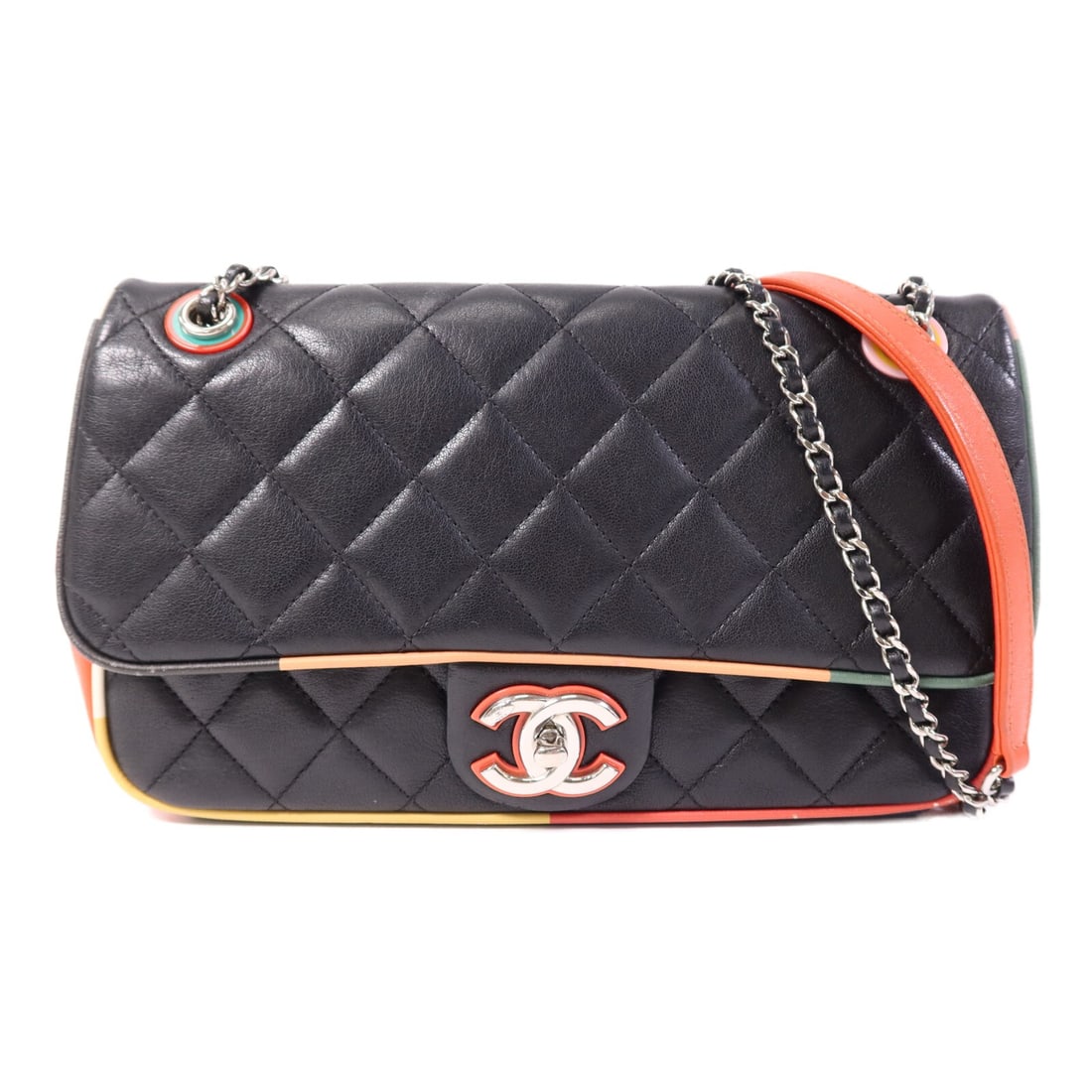 Black Calfskin CHANEL Shoulder Bag with Silver Tone CC Hardware: Black Calfskin CHANEL Shoulder Bag with Silver Tone CC Hardware This CHANEL shoulder bag is crafted from black calfskin leather and features silver-tone hardware. Designed in a regular size, it offers