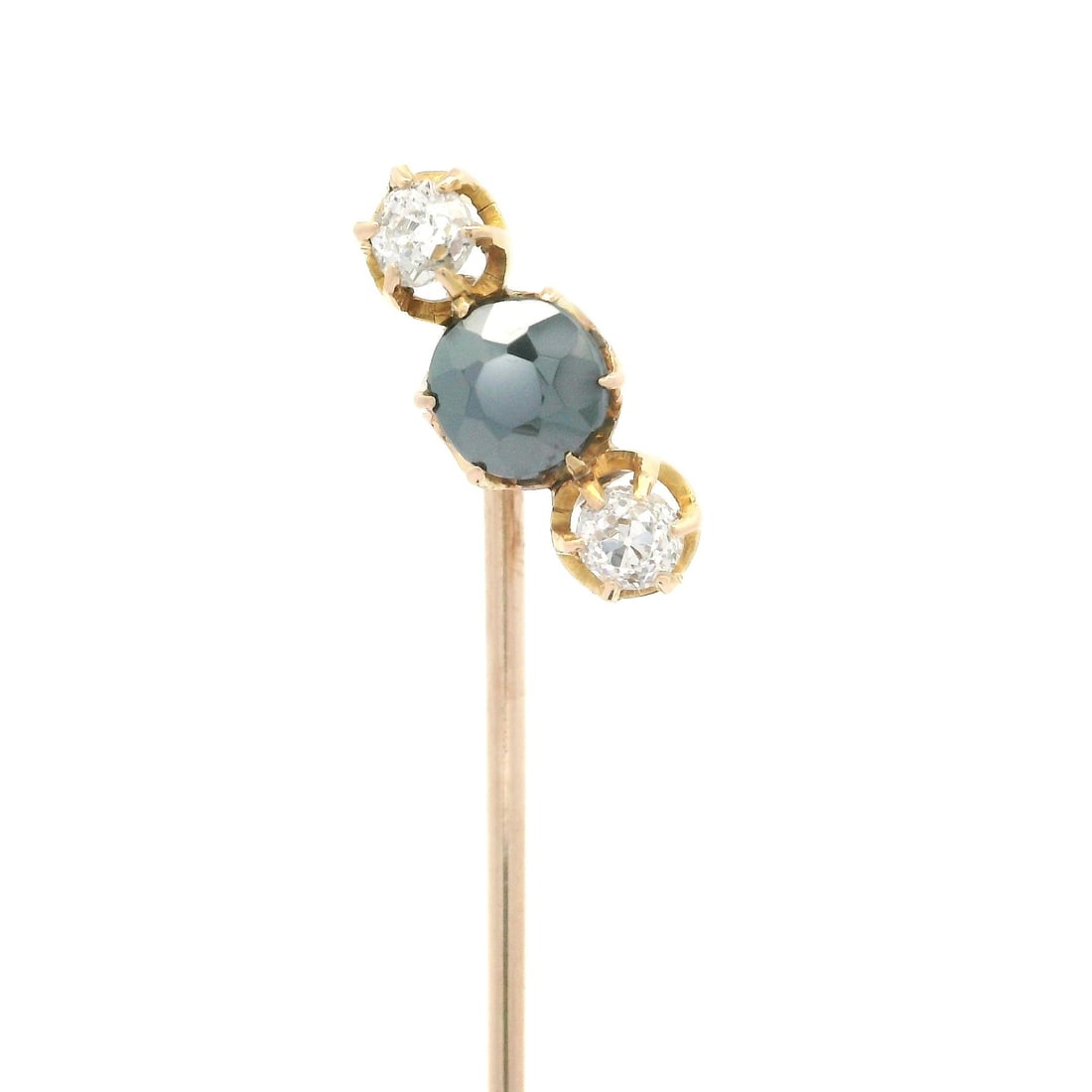 Victorian 10k Yellow Gold Diamond Hematite Mourning Stick Pin: Victorian 10k Yellow Gold Diamond Hematite Mourning Stick Pin This exquisite Antique Victorian stick pin features a stunning combination of diamonds and hematite, showcasing a timeless design perfect