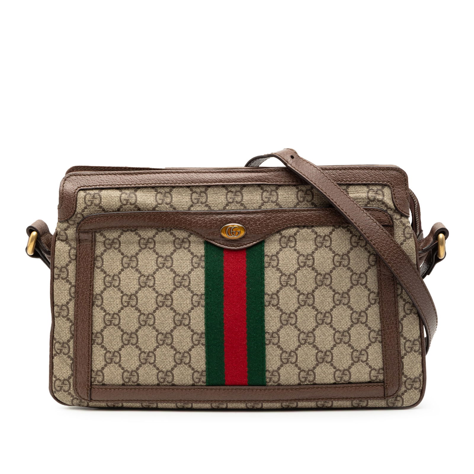 Gucci Ophidia Medium GG Supreme Brown Coated Canvas Crossbody Bag: Gucci Ophidia Medium GG Supreme Brown Coated Canvas Crossbody Bag This Gucci Medium GG Supreme Ophidia Crossbody bag showcases a coated canvas body with leather trim, a flat leather strap, an exterior