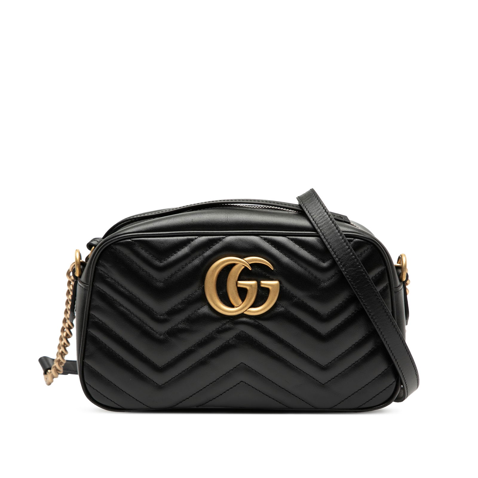 Gucci GG Marmont Small Quilted Black Leather Crossbody Bag: Gucci GG Marmont Small Quilted Black Leather Crossbody Bag This Gucci Small GG Marmont Matelasse Leather Crossbody features a quilted black leather body, a combination of curb chain and leather strap,