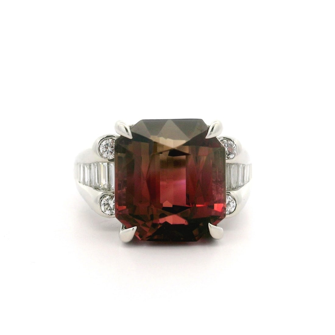 Platinum 8.77ct Bi-Color Tourmaline Diamond Cocktail Ring: Platinum 8.77ct Bi-Color Tourmaline Diamond Cocktail Ring This exquisite cocktail ring is crafted from solid platinum, featuring a stunning 8.77ctw bi-color tourmaline at its center. The natural cushi