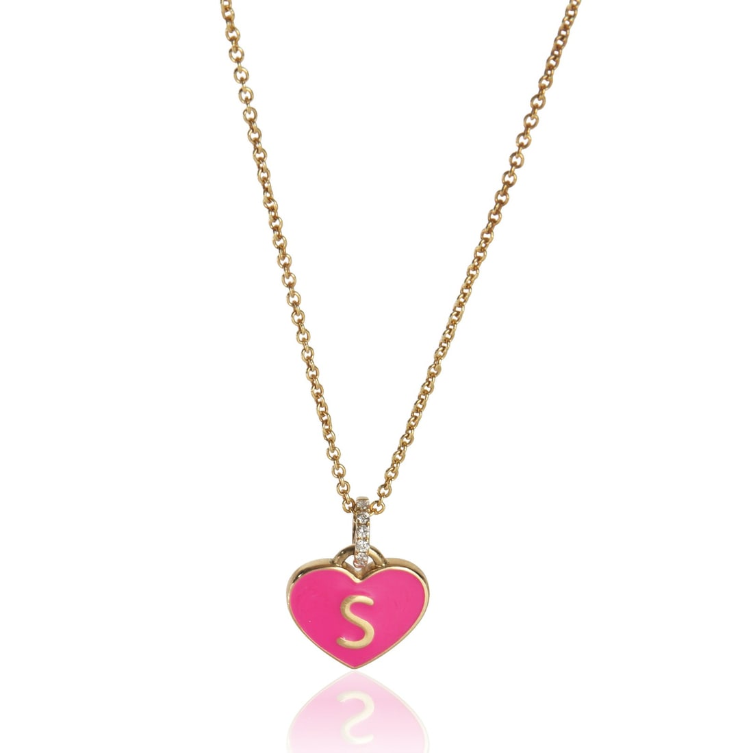 14K Yellow Gold Pendant Diamond Hot Pink Enamel Heart Design Initial S: 14K Yellow Gold Pendant Diamond Hot Pink Enamel Heart Design Initial S This women's pendant features a hot pink enamel heart with an initial 'S' set in 14K yellow gold. The pendant is adorned with rou