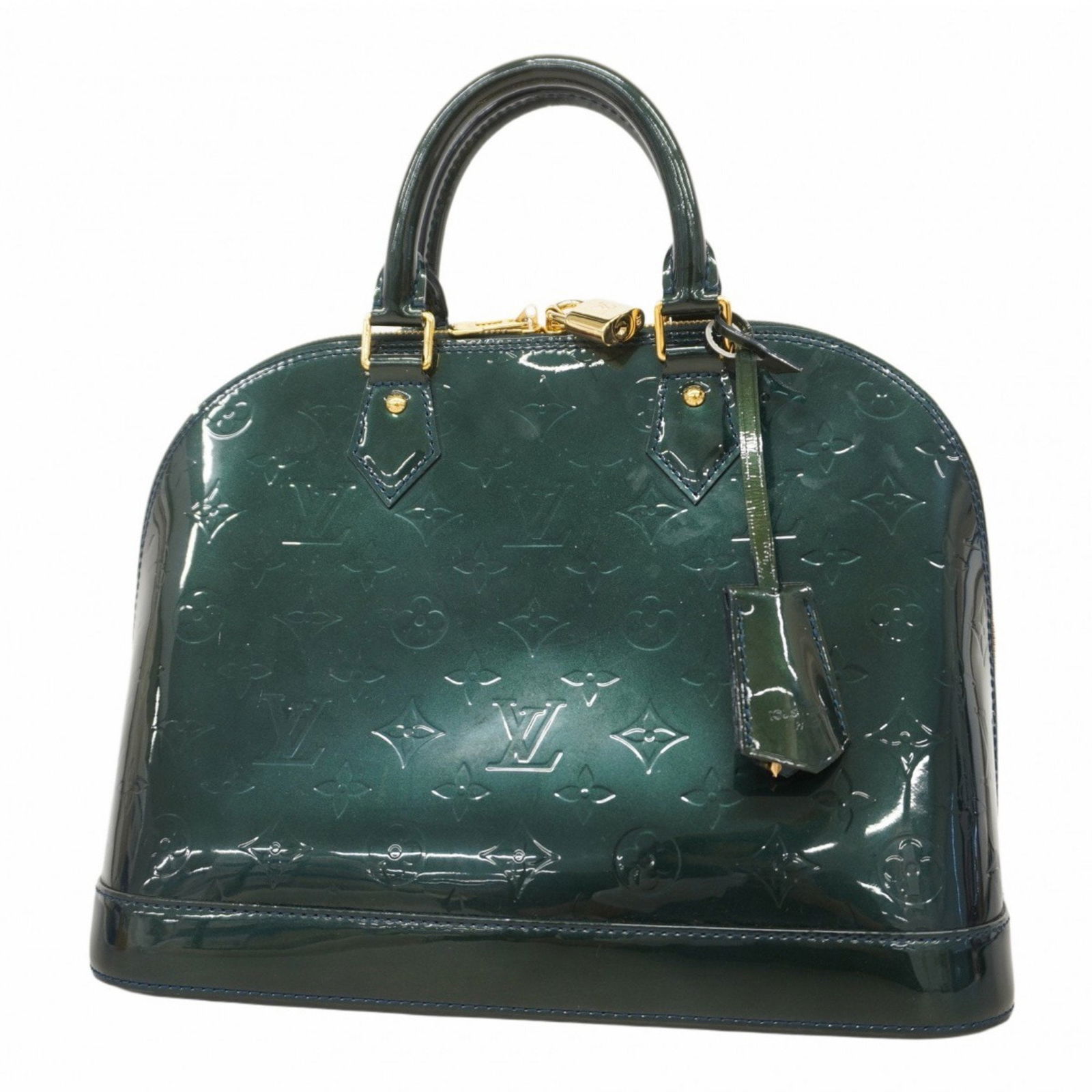 Louis Vuitton Alma green patent leather handbag 24cm x 31cm x 15cm: Louis Vuitton Alma green patent leather handbag 24cm x 31cm x 15cm This Louis Vuitton Alma handbag features a striking green patent leather exterior, designed for women. Crafted in France, it offers a