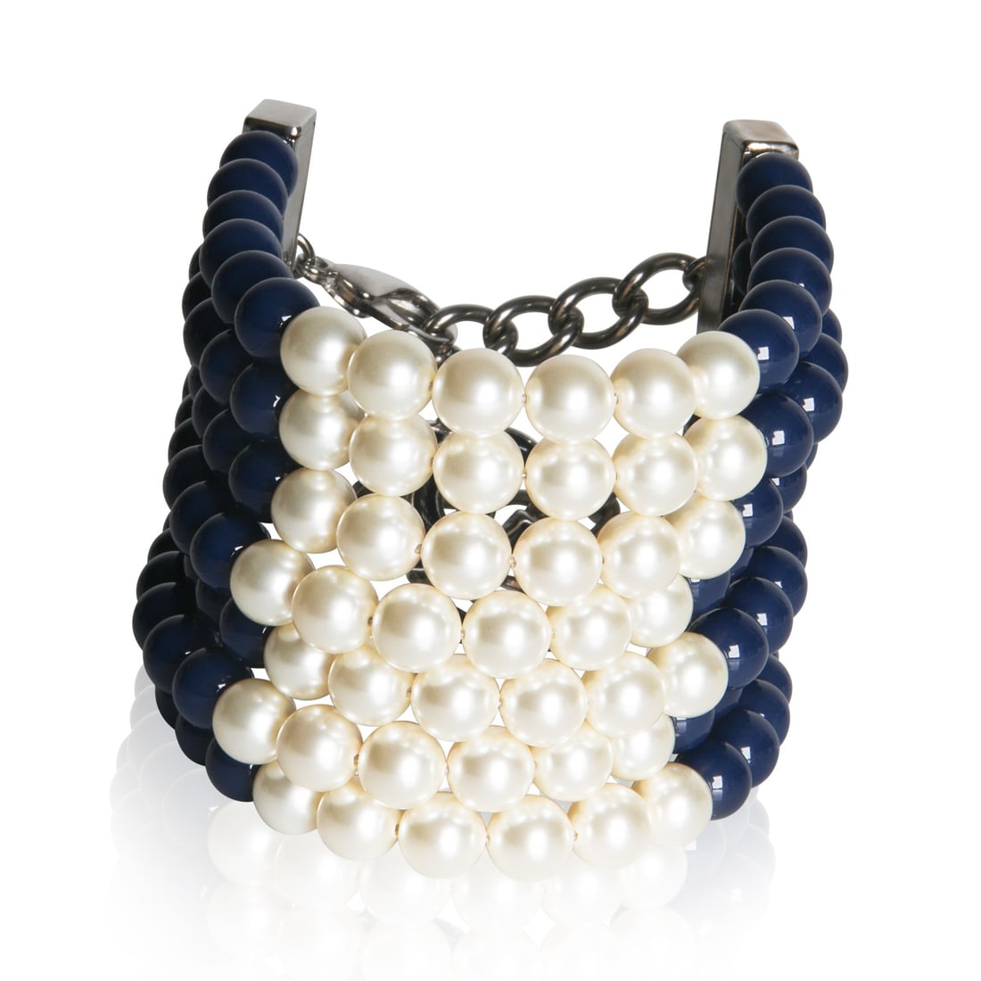 Chanel Blue Bead and Faux Pearl Bracelet Palladium Plated 2015 Collection: Chanel Blue Bead and Faux Pearl Bracelet Palladium Plated 2015 Collection This Chanel bracelet from the 2015 Blue Bead & Faux Pear collection features blue beads and faux pearls set on a palladium-pla