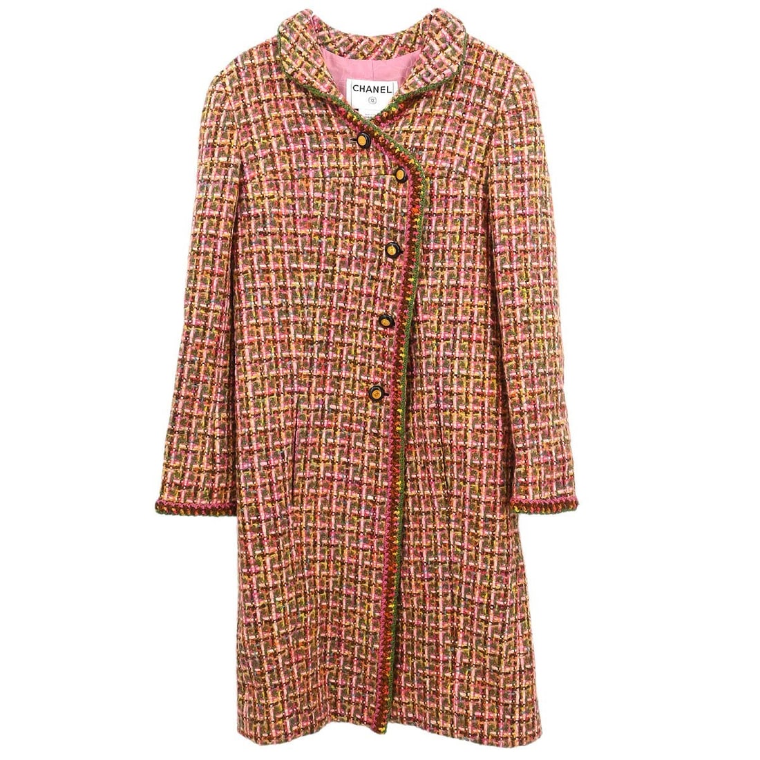Pink Long Tweed Overcoat Size 38 by Chanel: Pink Long Tweed Overcoat Size 38 by Chanel This Chanel long overcoat is crafted from a pink tweed fabric composed of 75% wool, 20% rayon, 3% acrylic, and 2% nylon. Designed with a collared, single-bre