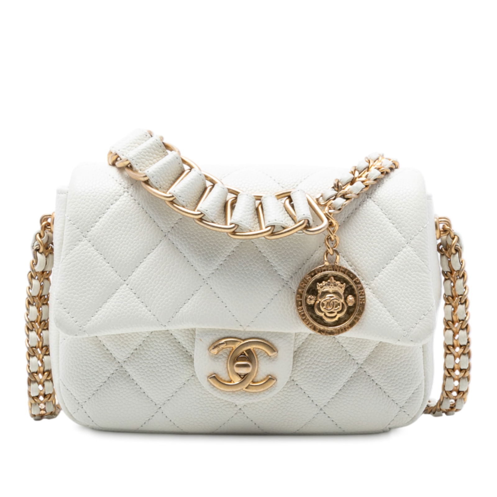 Chanel Mini Caviar Leather Crossbody Bag with Chain Strap and Flap: Chanel Mini Caviar Leather Crossbody Bag with Chain Strap and Flap This Chanel Mini Quilted Caviar Chain Soul Flap is a crossbody bag crafted from white quilted caviar leather. It features a leather-w