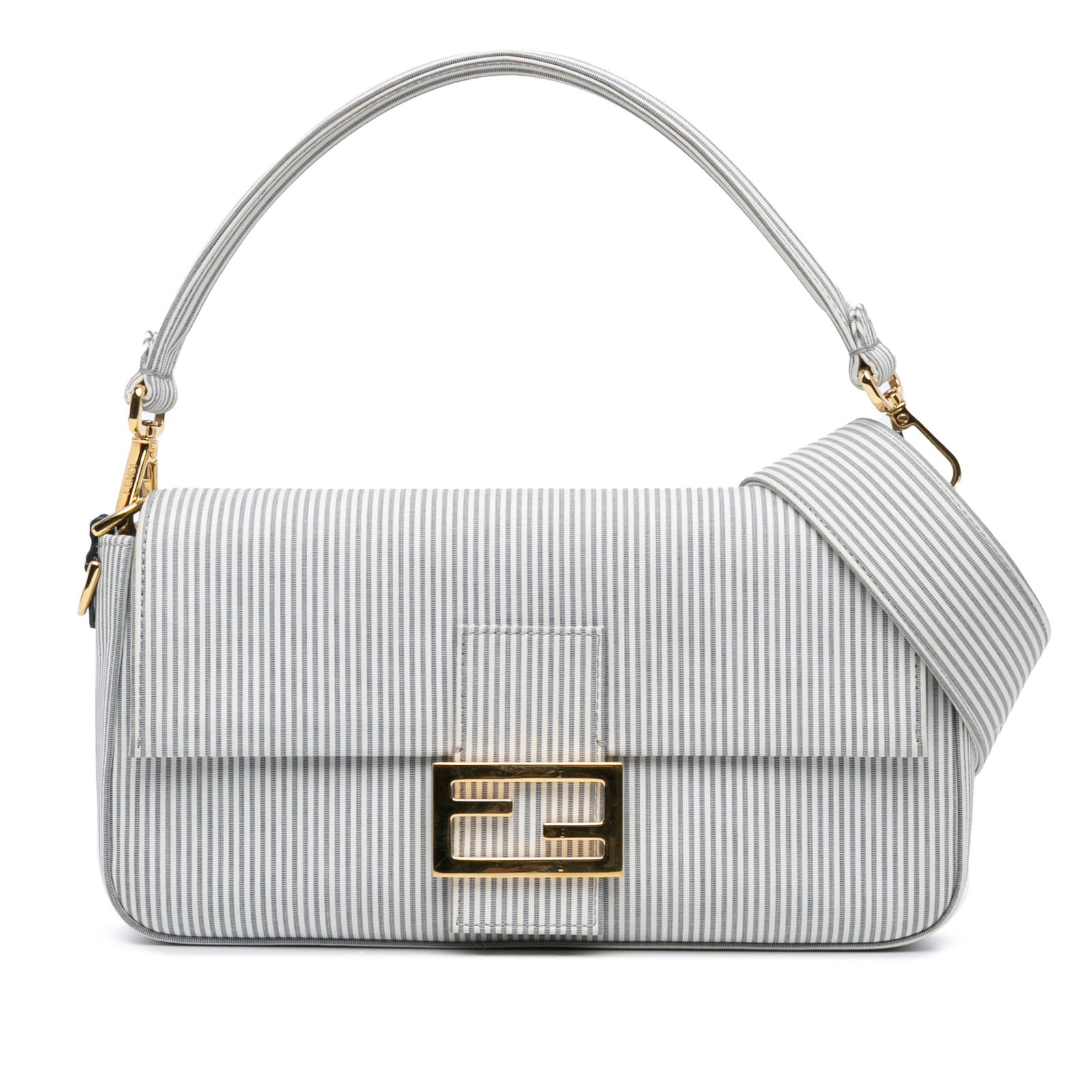 Fendi Striped Jersey Baguette Satchel Cotton Bag Italy: Fendi Striped Jersey Baguette Satchel Cotton Bag Italy Introducing the Fendi Striped Jersey Baguette Satchel, a stylish and versatile addition to your accessory collection. Crafted in Italy, this bag