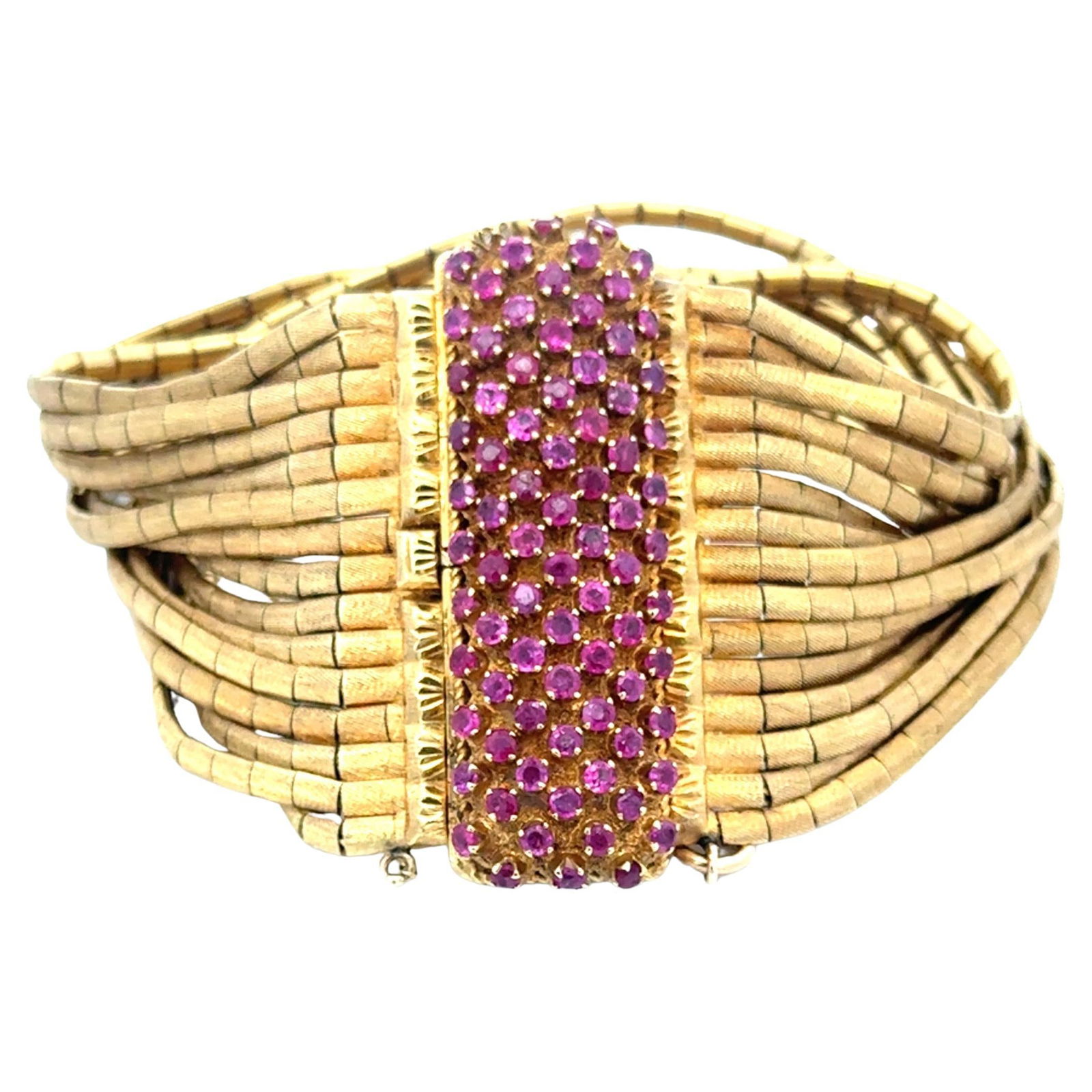 Harbor Diamonds 15 Row 18KT Gold Multi Strand Pink Sapphire Bracelet: Harbor Diamonds 15 Row 18KT Gold Multi Strand Pink Sapphire Bracelet This exquisite 18KT yellow gold bracelet features a contemporary design with 15 rows of multi-strands in a brushed finish, compleme