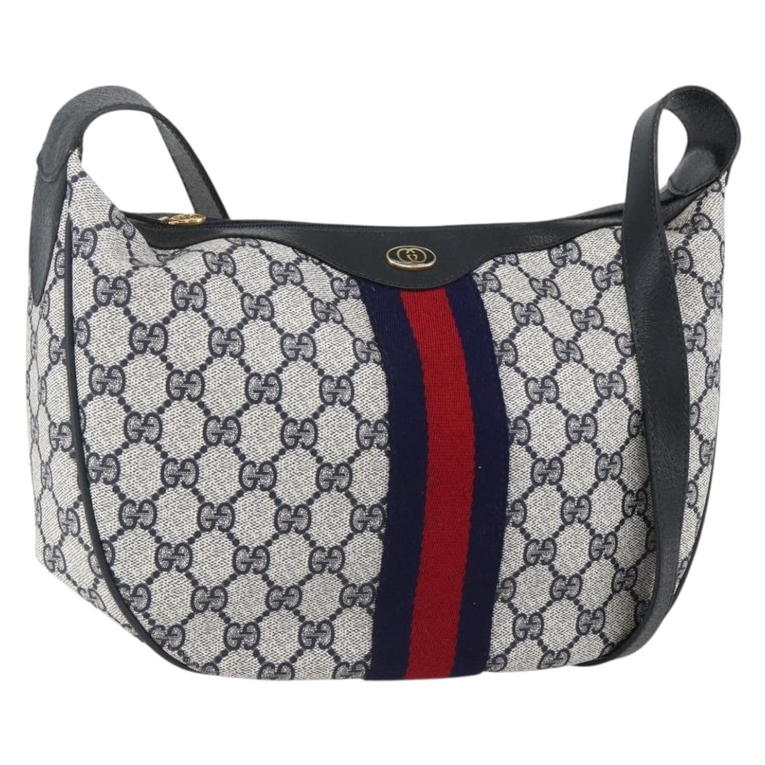 GUCCI GG Supreme Sherry Line Shoulder Bag PVC Navy Gold Auth 10 12 3840: GUCCI GG Supreme Sherry Line Shoulder Bag PVC Navy Gold Auth 10 12 3840 This GUCCI GG Supreme Sherry Line Shoulder Bag showcases a stylish blend of navy and gold, crafted from durable PVC leather. Mad