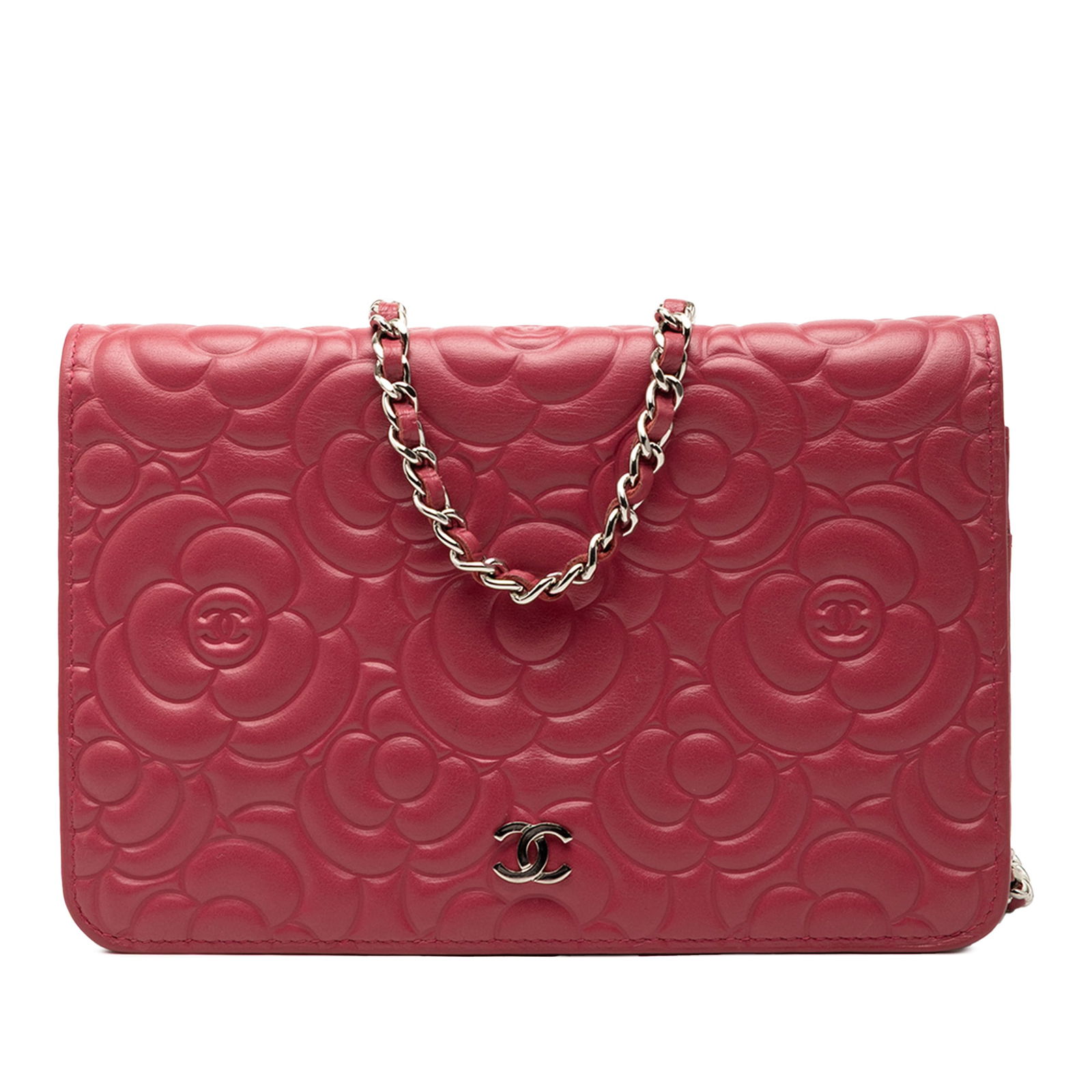 Chanel Camellia Pink Lambskin Wallet on Chain with Embossed CC: Chanel Camellia Pink Lambskin Wallet on Chain with Embossed CC This Chanel CC Embossed Lambskin Camellia Wallet On Chain features a pink embossed lambskin leather exterior, a leather-woven chain strap