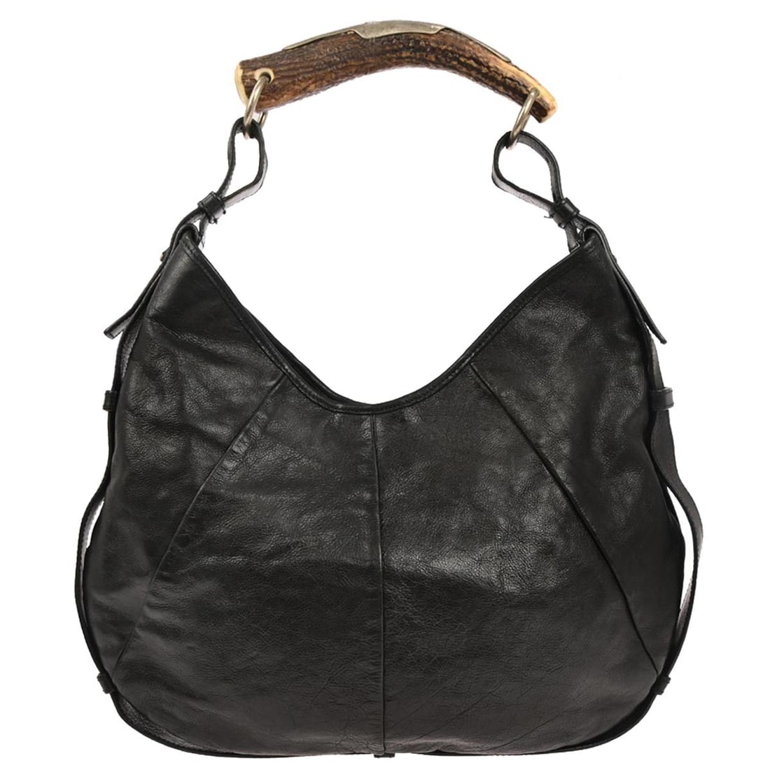 Medium Black Leather Mombasa Top Handle Bag by Yves Saint Laurent: Medium Black Leather Mombasa Top Handle Bag by Yves Saint Laurent This Yves Saint Laurent Mombasa handbag is crafted from black leather and features a medium-sized top handle design with logo accents.