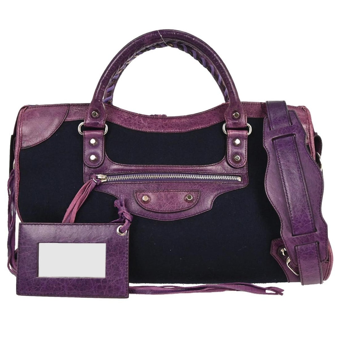 Balenciaga City Medium Navy Wool and Leather Top Handle Bag: Balenciaga City Medium Navy Wool and Leather Top Handle Bag This Balenciaga City Medium handbag features a stylish combination of navy wool and leather on the exterior. Designed for casual occasions,