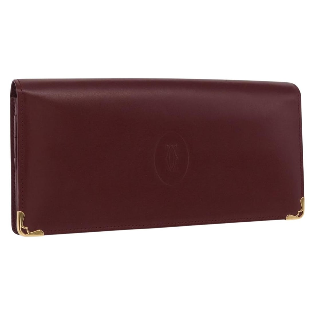 Cartier Must Line Bordeaux Leather Long Wallet with Gold Accents: Cartier Must Line Bordeaux Leather Long Wallet with Gold Accents This Cartier Must Line long wallet is crafted from leather in a bordeaux color with gold-tone accents. Designed in a sleek and elongate