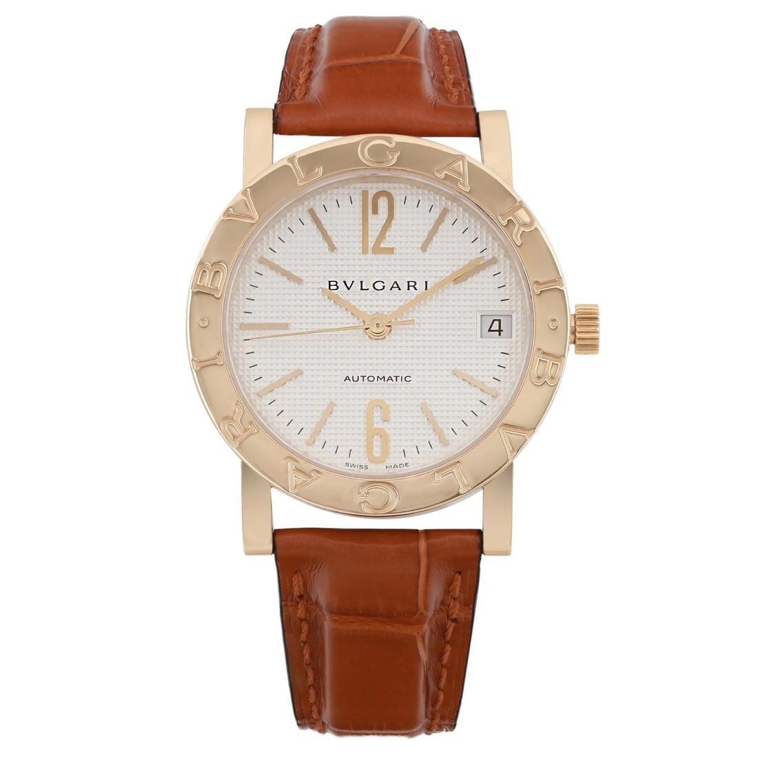 Bvlgari Bvlgari 18k Gold 33mm Automatic Dress Watch White Dial Leather Band: Bvlgari Bvlgari 18k Gold 33mm Automatic Dress Watch White Dial Leather Band This Bvlgari Bvlgari 33mm wristwatch features an 18k yellow gold case with a polished finish, complemented by a white analog