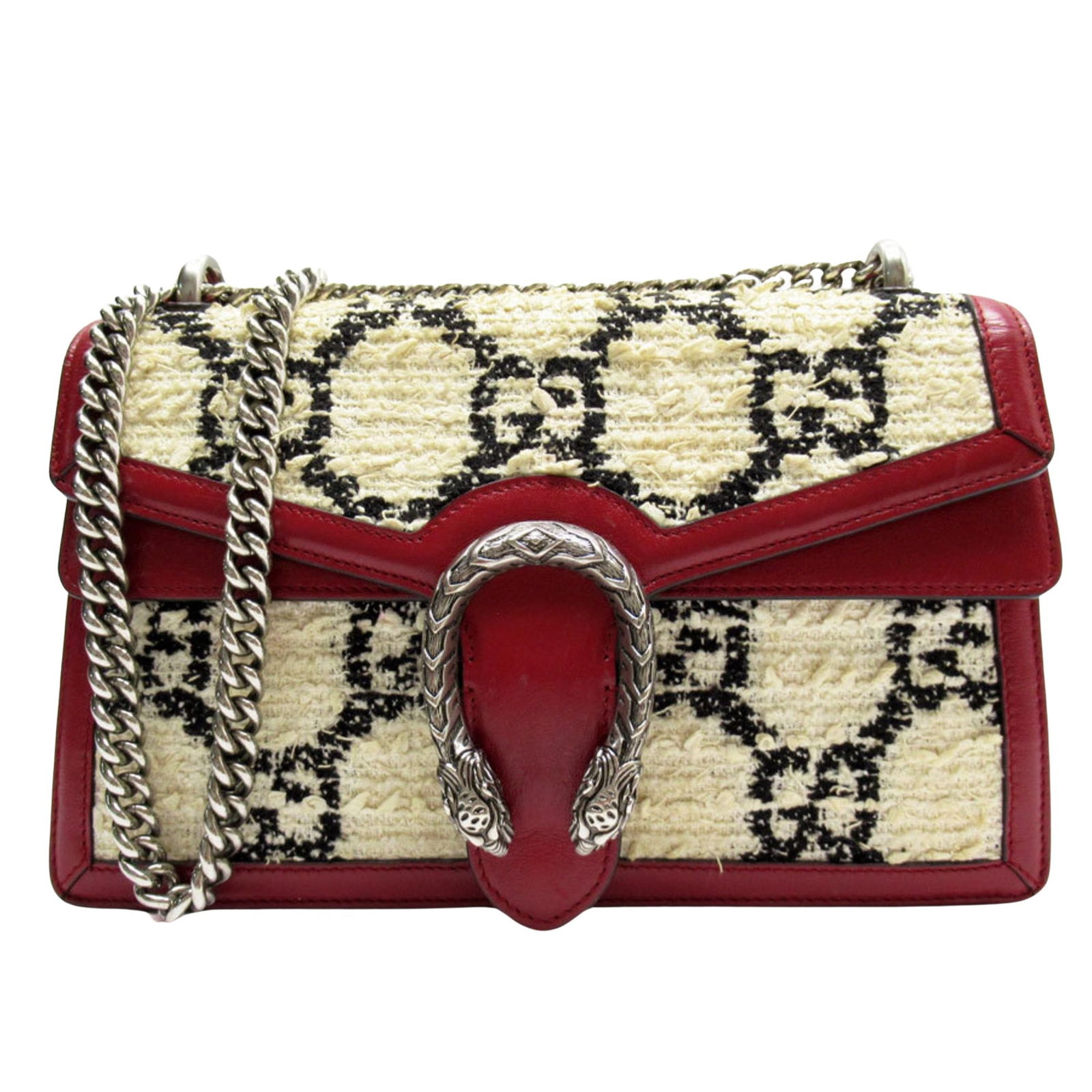 Beige Tweed Gucci Dionysus Shoulder Bag with Silver Hardware: Beige Tweed Gucci Dionysus Shoulder Bag with Silver Hardware The Gucci Dionysus shoulder bag showcases a refined combination of tweed and leather, complemented by silver hardware accents and the signa