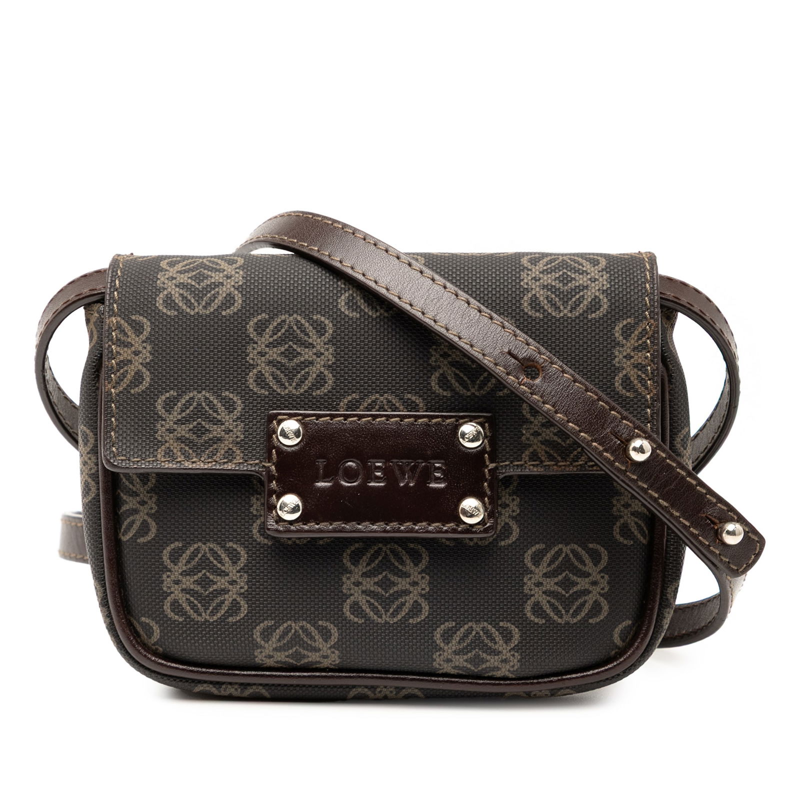 LOEWE Mini Anagram Brown Coated Canvas Crossbody Bag: LOEWE Mini Anagram Brown Coated Canvas Crossbody Bag Discover the elegance of the LOEWE Mini Anagram Coated Canvas Crossbody, designed for style and practicality. This chic crossbody bag features a du