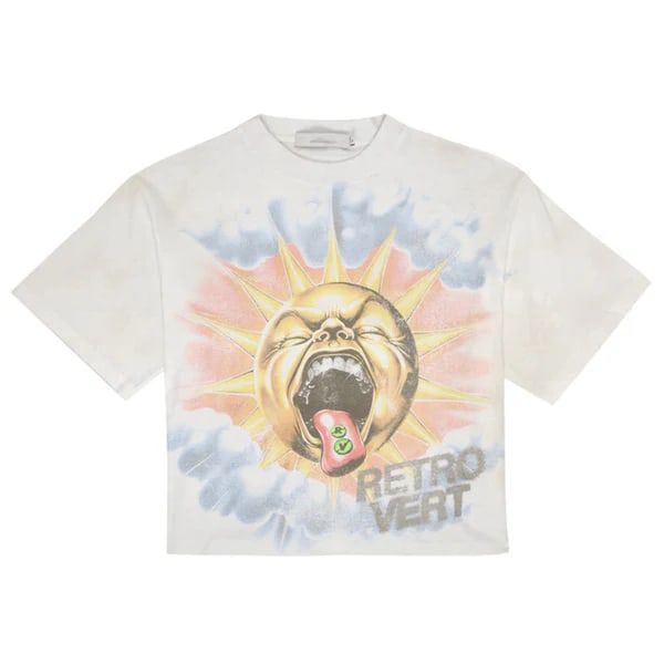 White Sun Tongue Graphic Skate Tee by Retro Vert Medium: White Sun Tongue Graphic Skate Tee by Retro Vert Medium The Retro Vert Sun Tongue White Tee is a unisex t-shirt featuring a bold sunburst and tongue graphic in a retro style. Made from 100% combed rin
