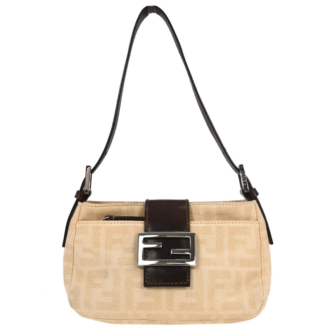 Fendi Beige Linen Zucca Handbag with Silver Hardware: Fendi Beige Linen Zucca Handbag with Silver Hardware Introducing the Fendi Beige Linen Zucca Handbag, an exquisite blend of style and functionality. This small handbag features a chic design perfect f